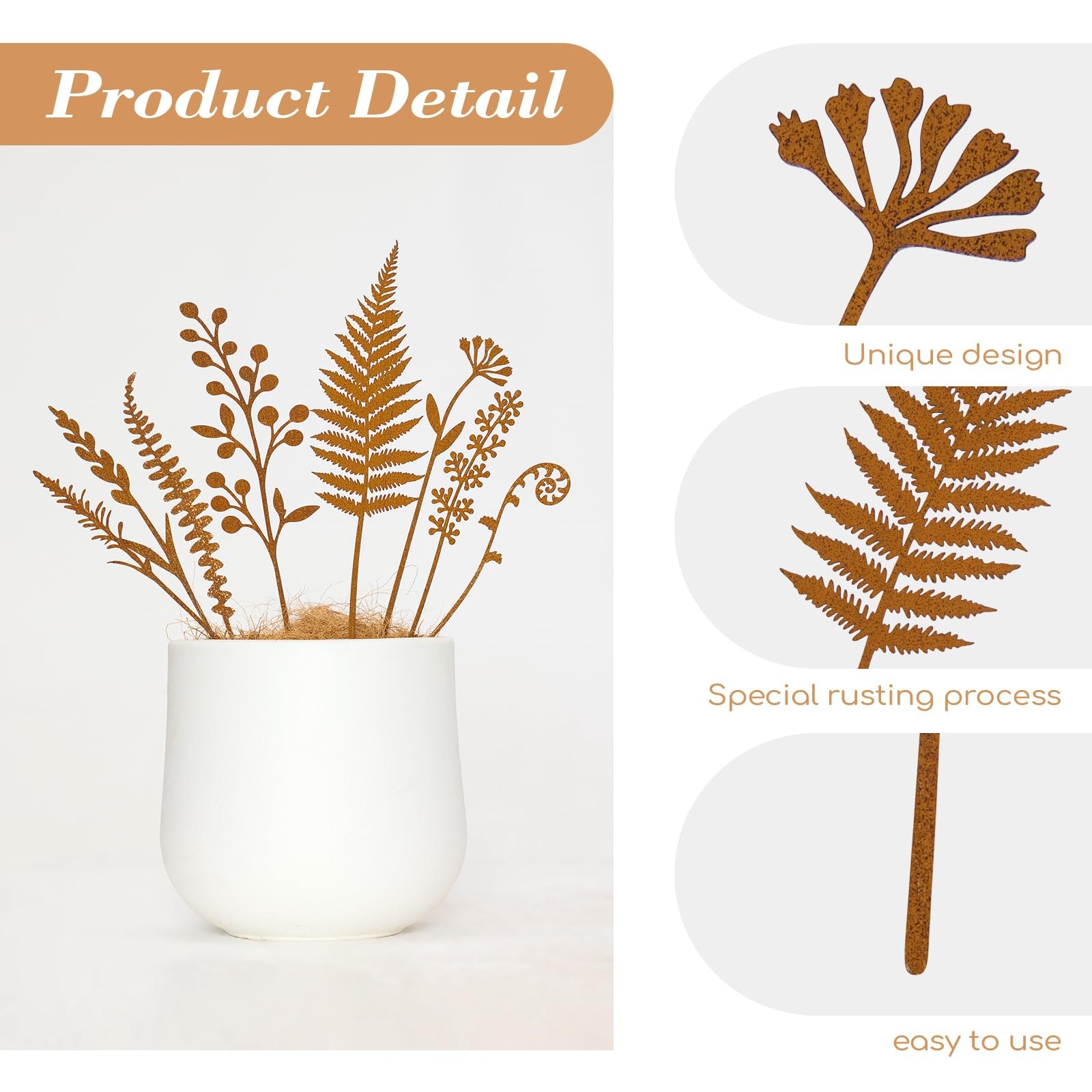 8-Piece Fern & Leaf Garden Stakes – Hand-Rusted Metal Plant Stakes for Flower…