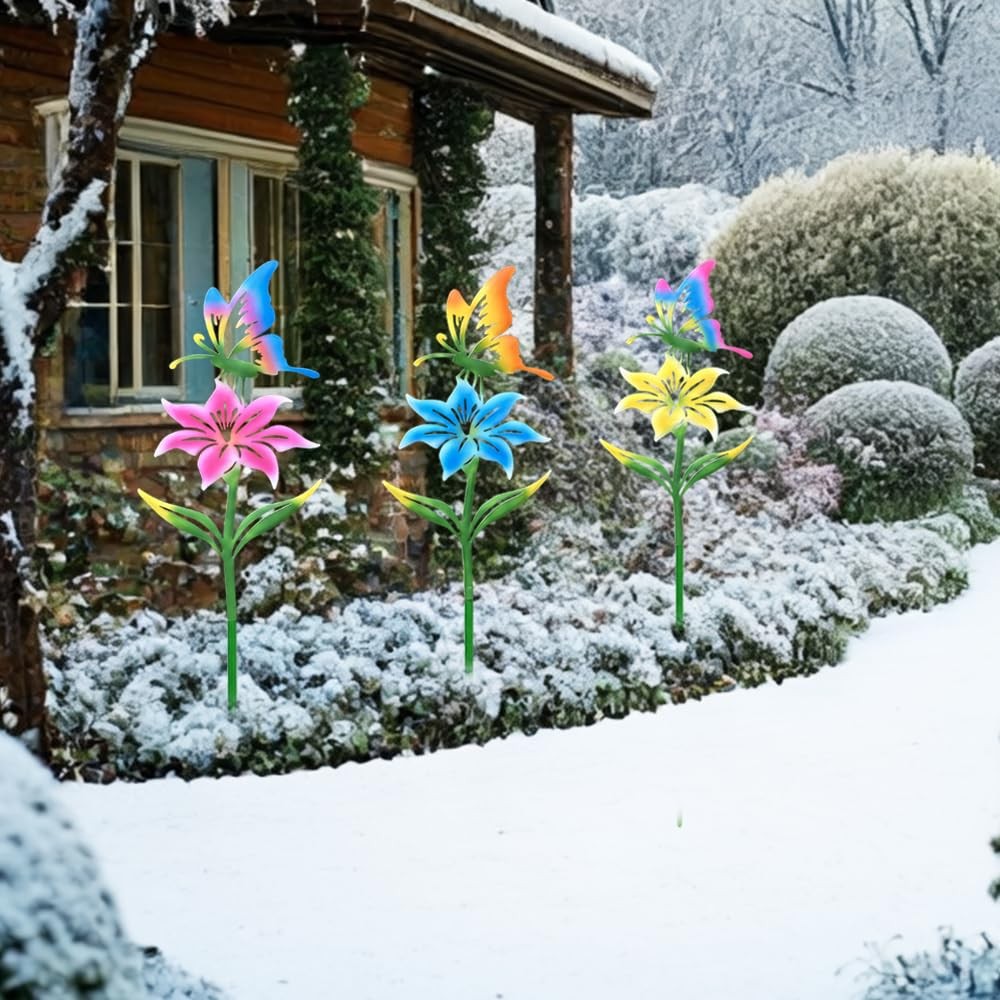 Colorful Metal Garden Stakes 3Pack Butterfly & Flower Outdoor Decor