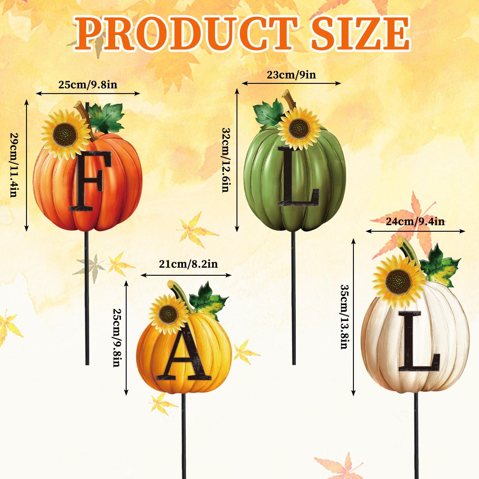 Set of 4 Thanksgiving Pumpkin Metal Garden Stakes Fall Pumpkin Decorative Law…