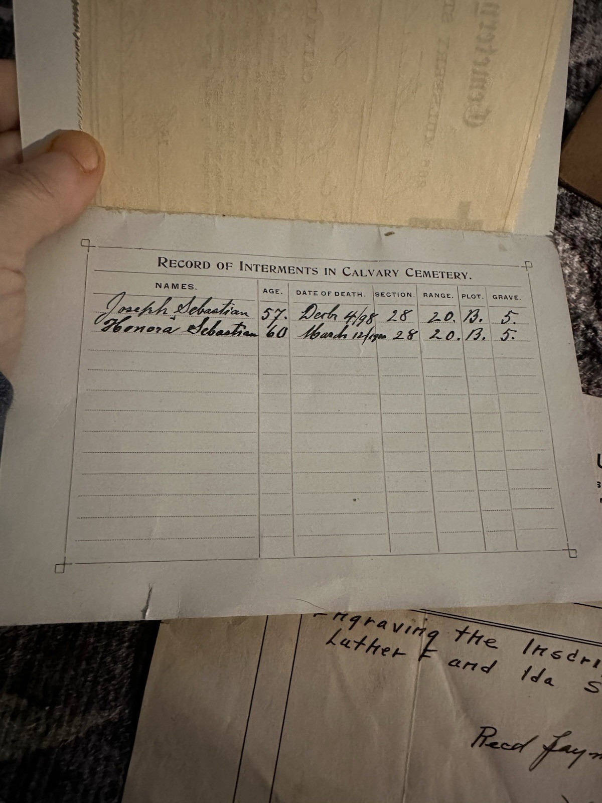 New York Funeral Grave Ticket Calvary Cemetery 1898 & Billheads 1952 Pa Used