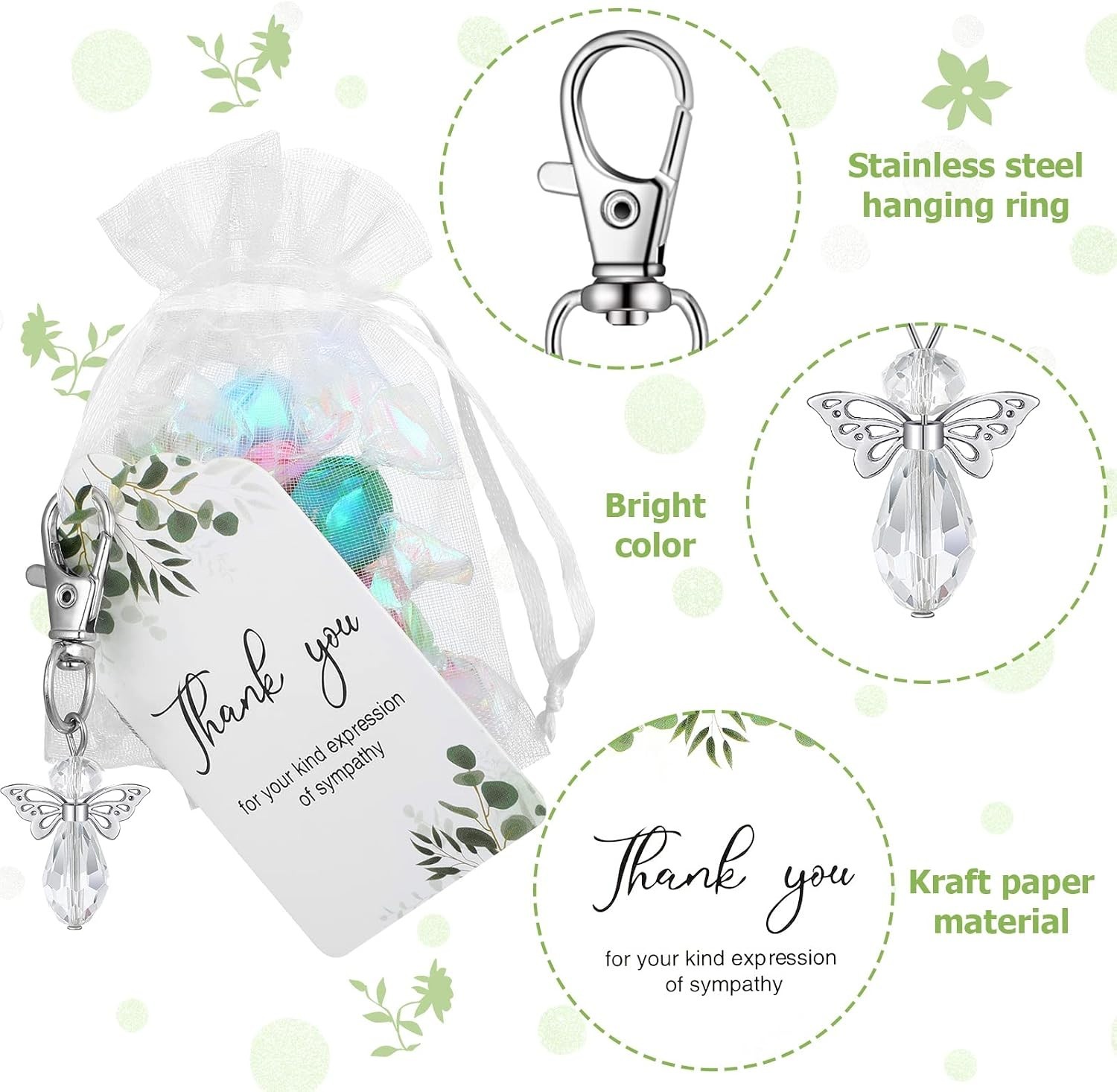 60 Sets Memorial Favors with Angel Keychains, Thank You Tags & Organza Bags