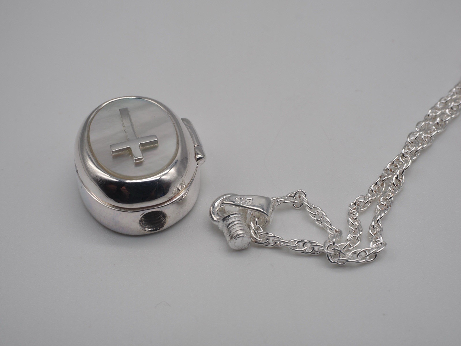 Oval Cross Locket Necklace 925 Silver Pendant Mop Stone Cremation Keepsake