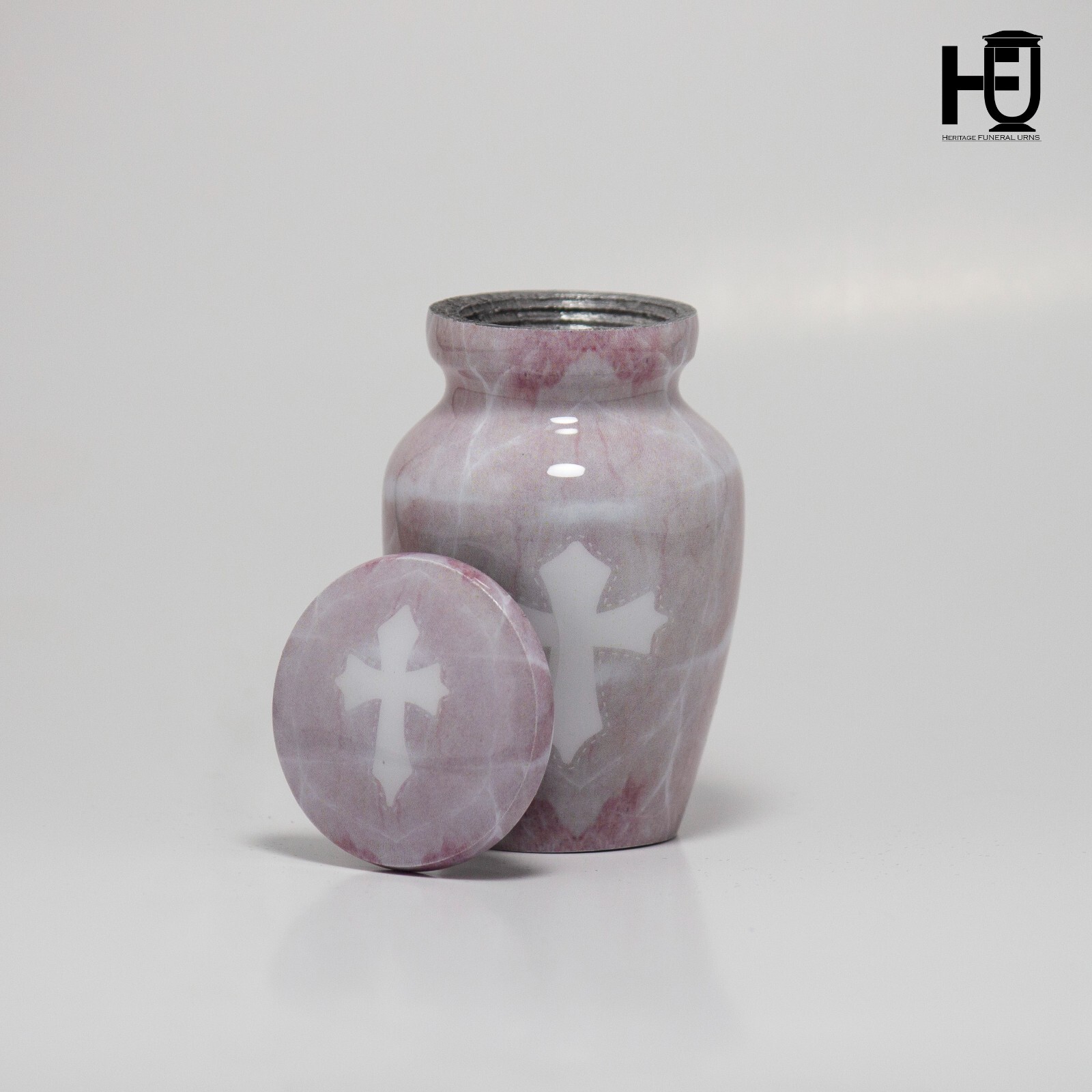 HFU-Elegant Metal Cremation Urn with Light Pink Marble Design and White Cross