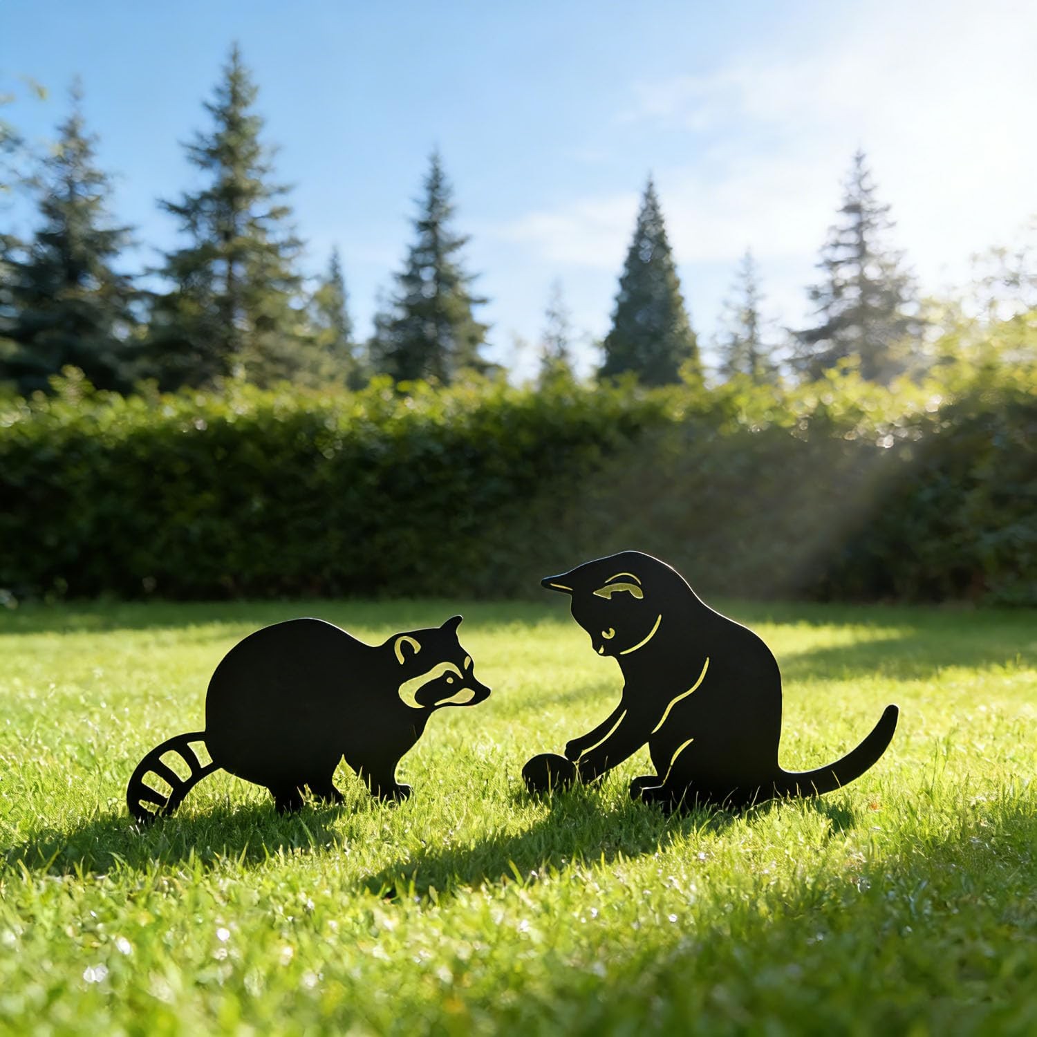 Decorative Metal Animal Garden Stakes Cat & Raccoon Yard Art Set of 2