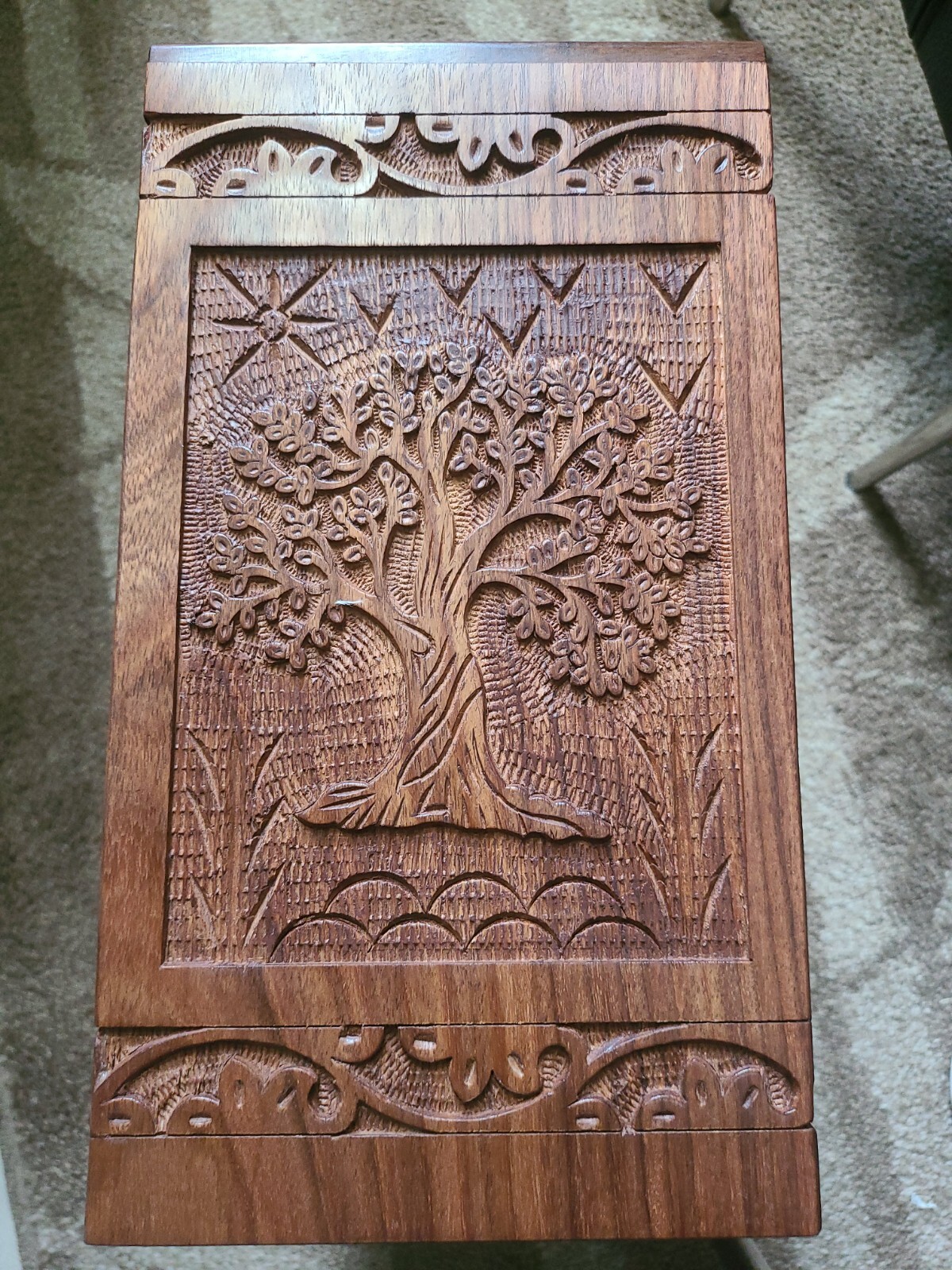 Star Indian Craft Wooden Urn Box – for Human Ashes. Funeral Cremation Large .