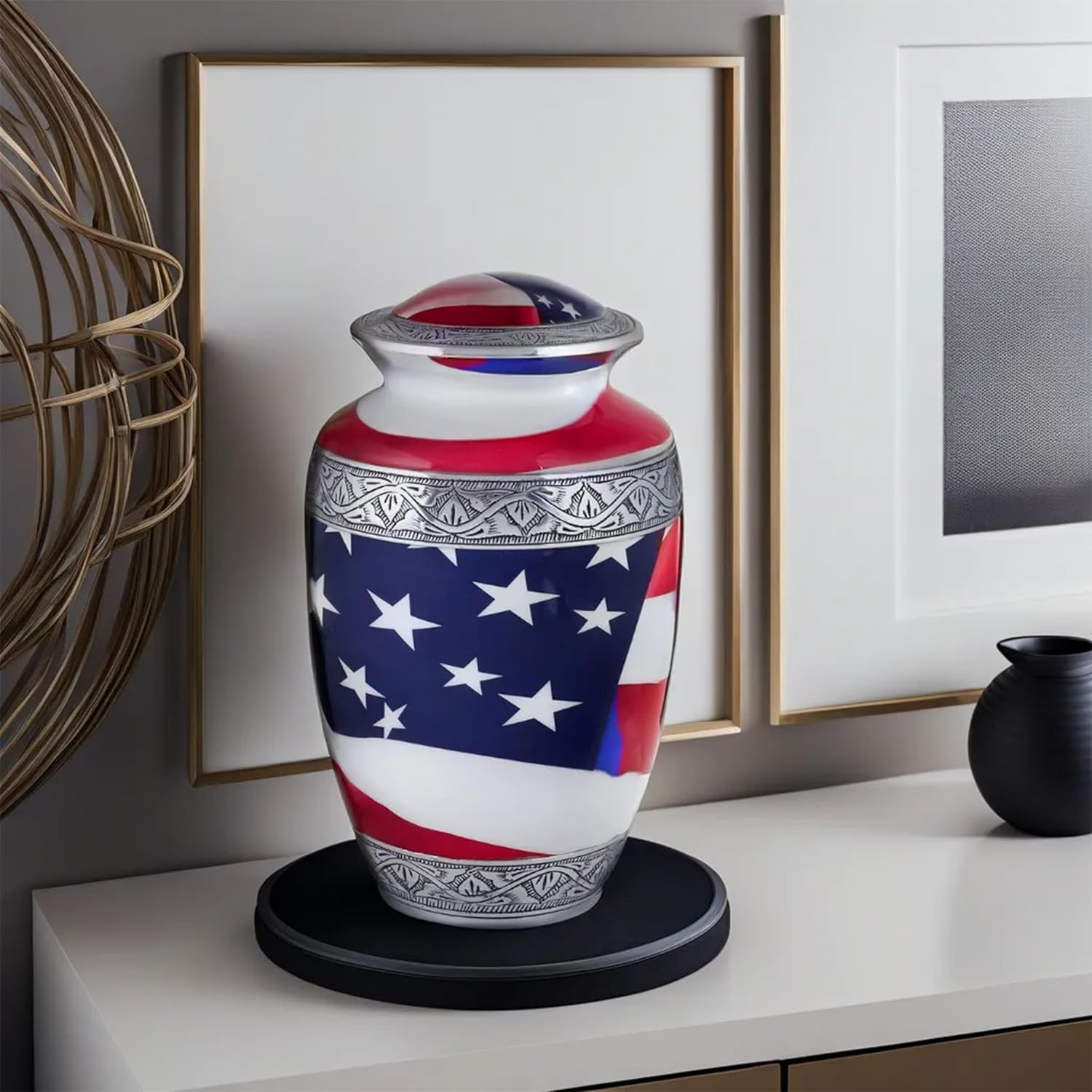 American Flag Hand Engraved Cremation Urn for Adult Human Ashes, Veterans, First