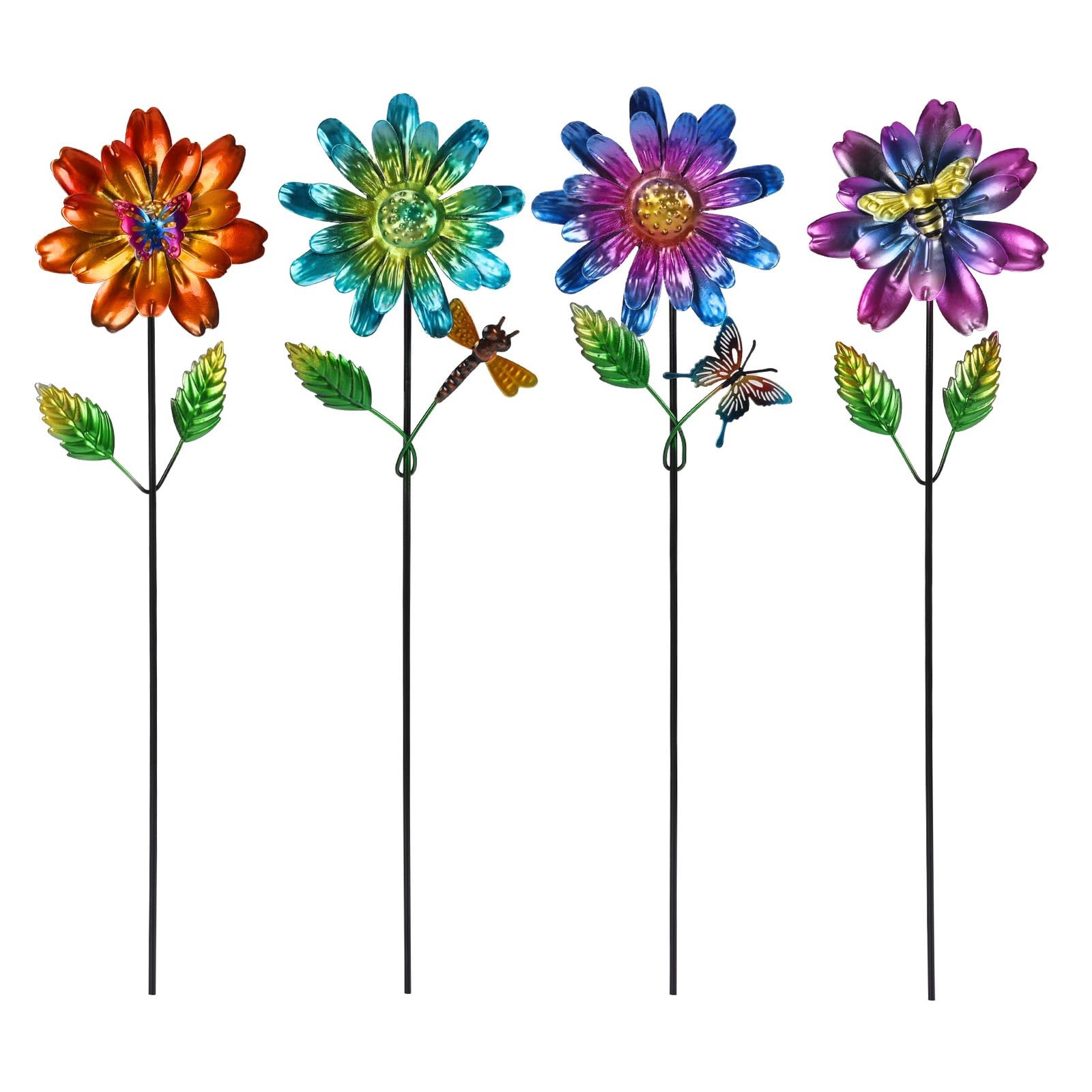 Metal Flower Garden Stakes for Outside Set of 4, Flower Garden Decor with Sha…