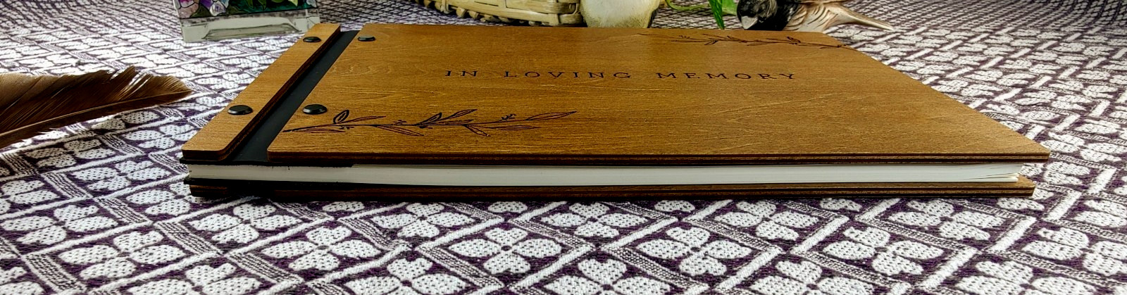 Aspen Studios Solid Bass Wood Cover Funeral Guest Book with Engraved Leaves
