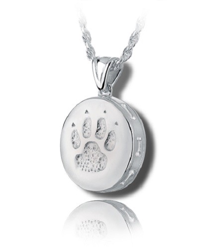 Sterling Silver Round Dog Paw Funeral Cremation Urn Pendant for Ashes