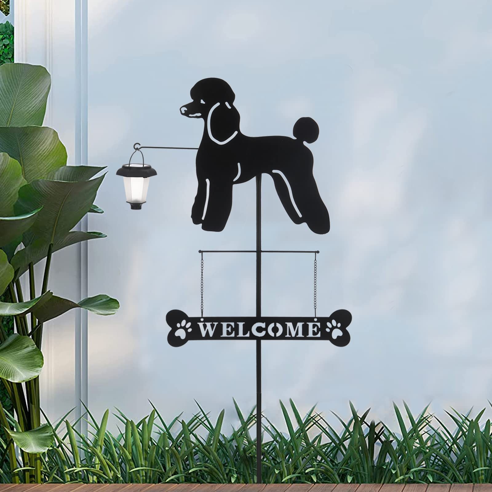 Solar Poodle Garden Stakes Decorative with a Lantern Dog Silhouette Welcome S…