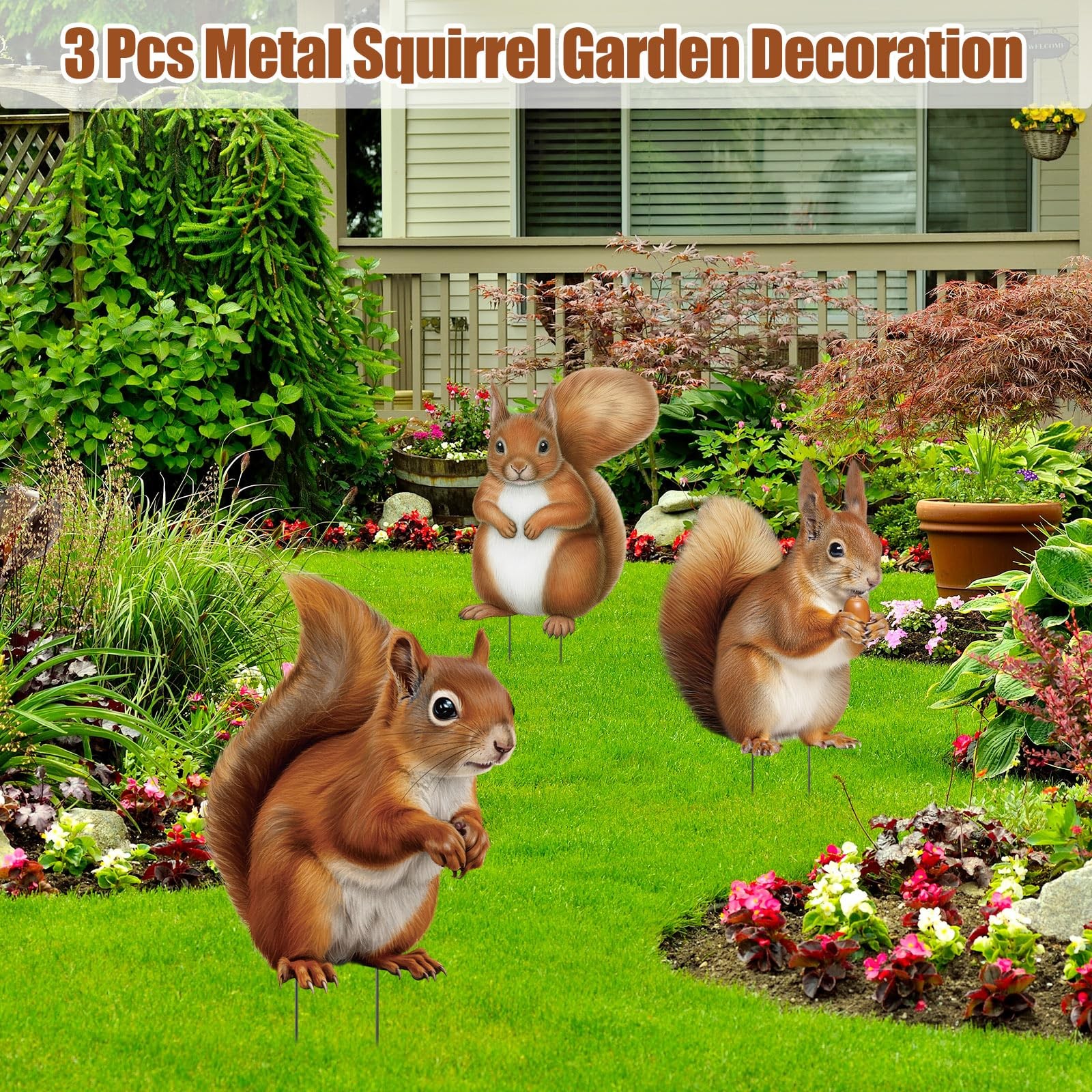 3 Pack Metal Squirrel Garden Stakes Spring Summer Outdoor Decorative Woodland…