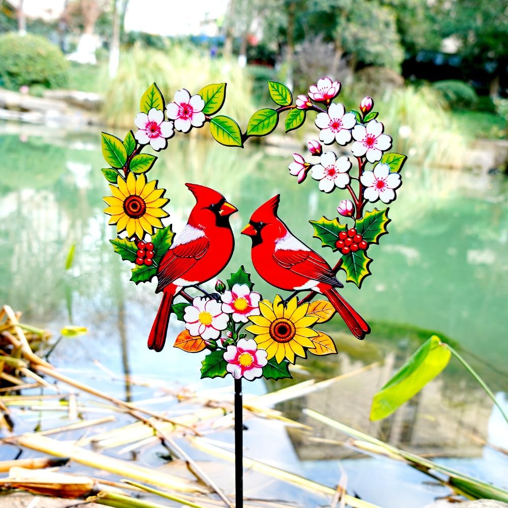 Decorative Garden Stakes Metal Red Cardinal – Heart Shaped Pair of Red Birds …