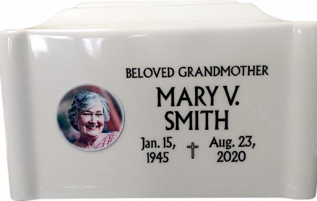 White Cremation Urn Vault w/ Photo & Laser Engraved Name Dates & Picture Emblem
