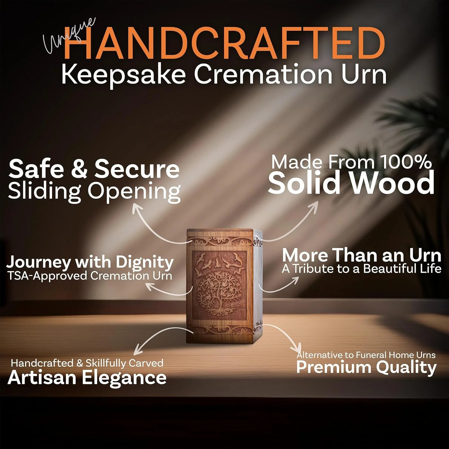 Tree of Life Wooden Urn for Human Ashes, 20lbs Capacity, Suitable for Burial for