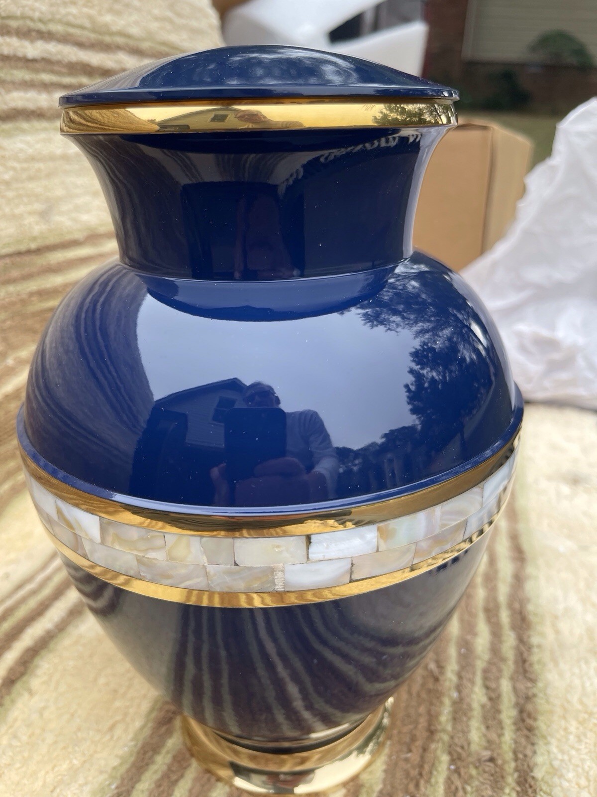 Blue Mother Of Pearl Brass Large Cremation Urn For Ashes