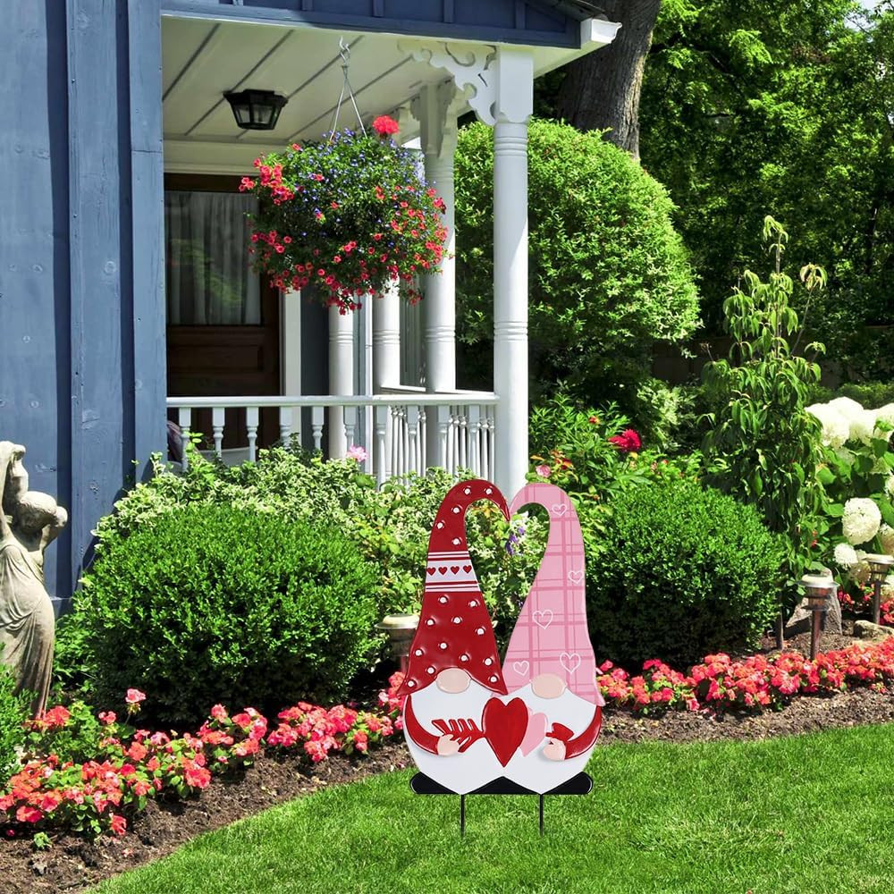 Valentines Day Decorations Outdoor, Red Pink Gnomes Decorative Garden Stakes wit