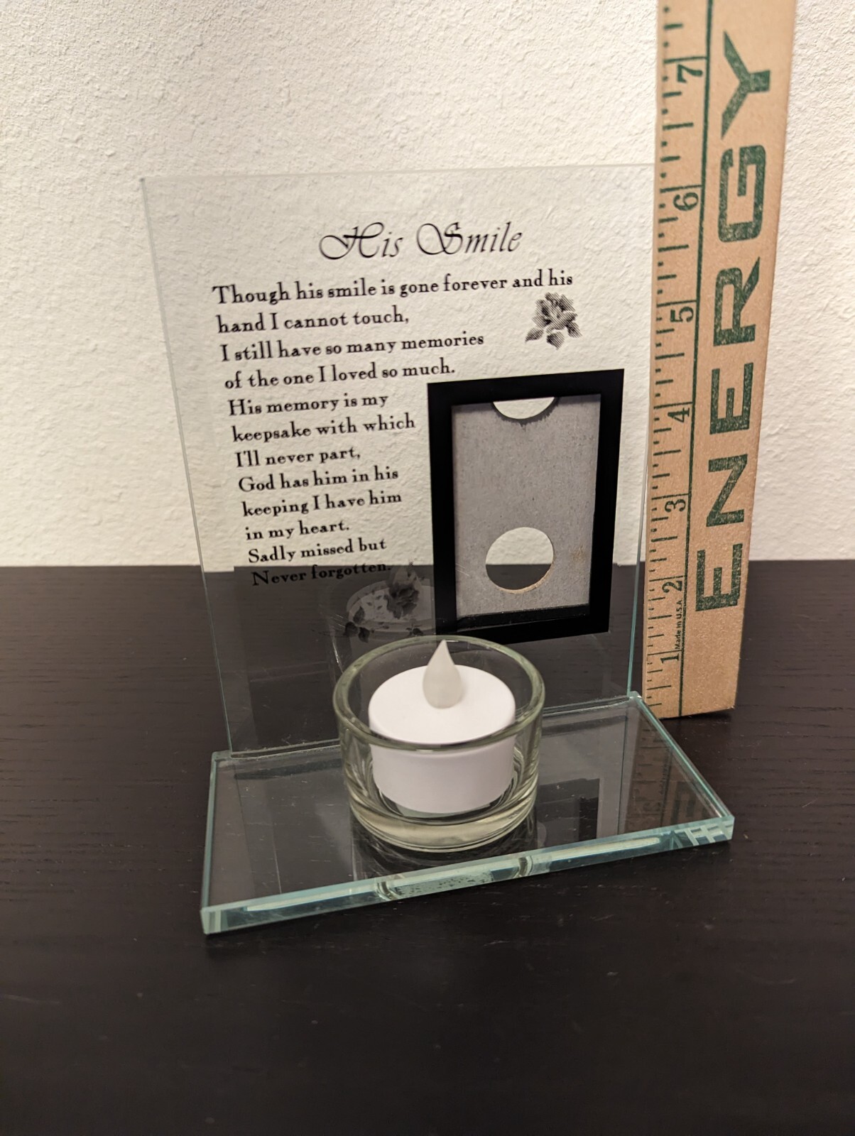 HIS SMILE glass memorial candle holder & photo frame w/ battery votive Included