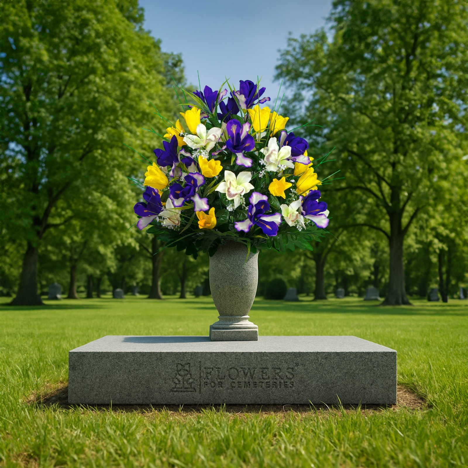 Artificial Cemetery Flowers – Yellow Tulips and Purple Iris (1) Bouquet