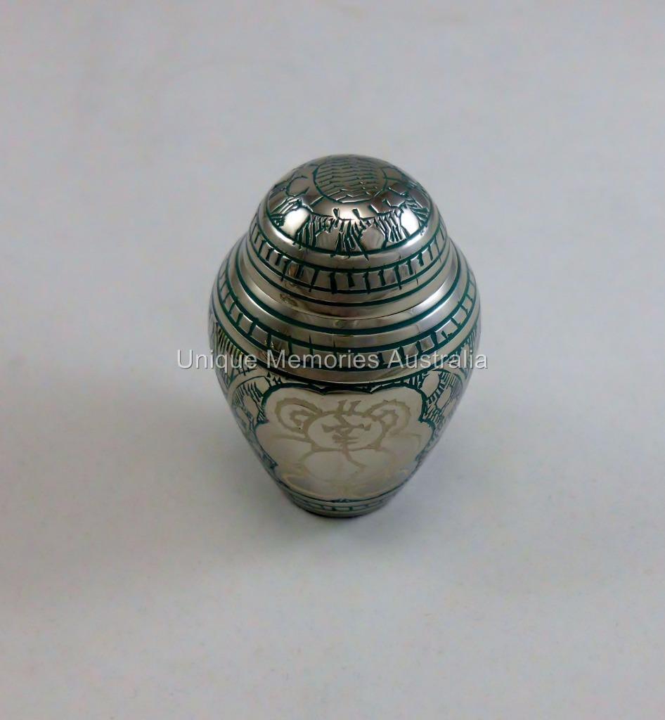 3″ Solid Brass Teal Teddy Bear Cremation Memorial Keepsake Urn + Velvet Case NIB