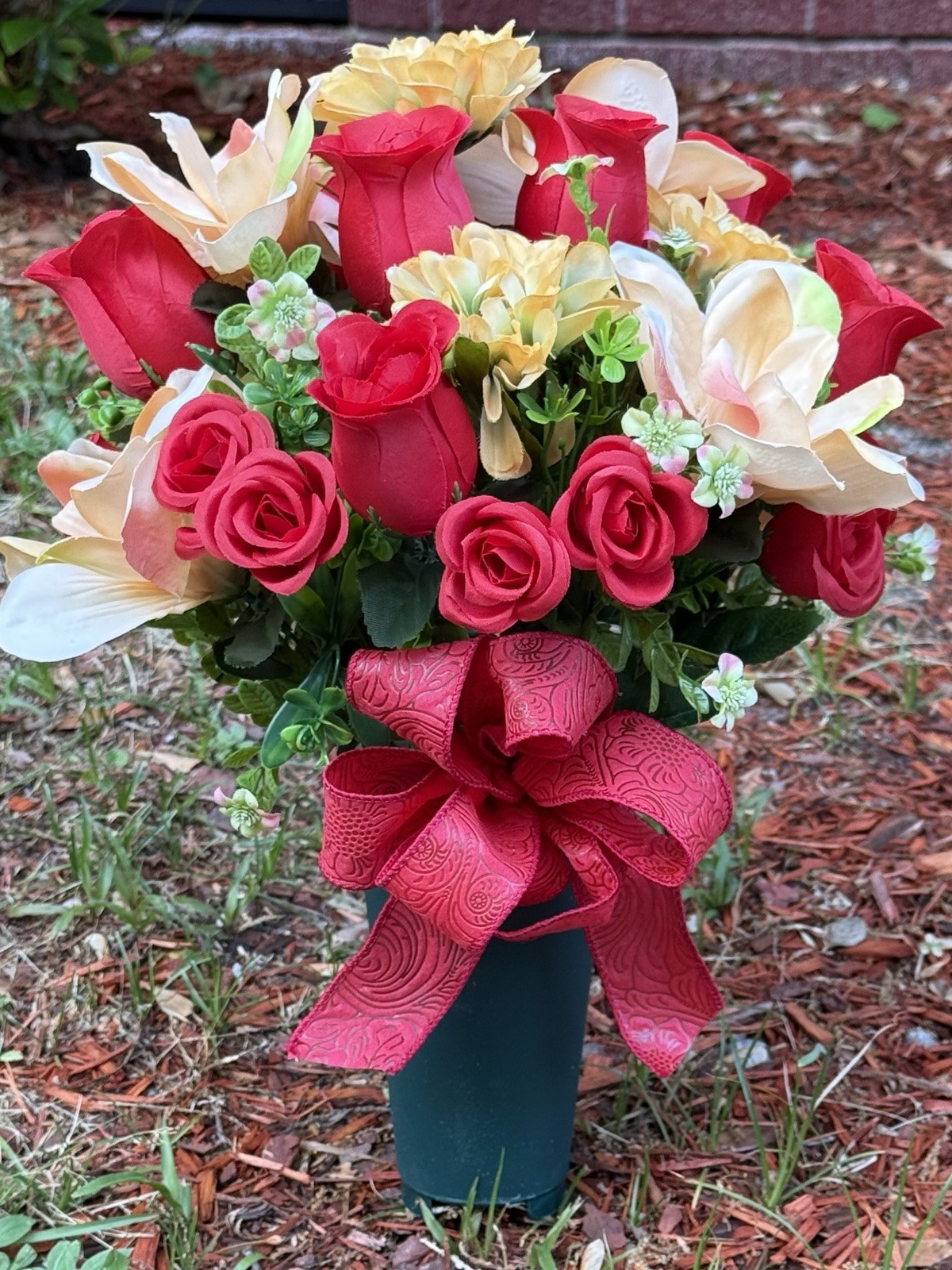 Cemetery Vase Memorial Silk Flower Arrangement Red, Yellow & Cream