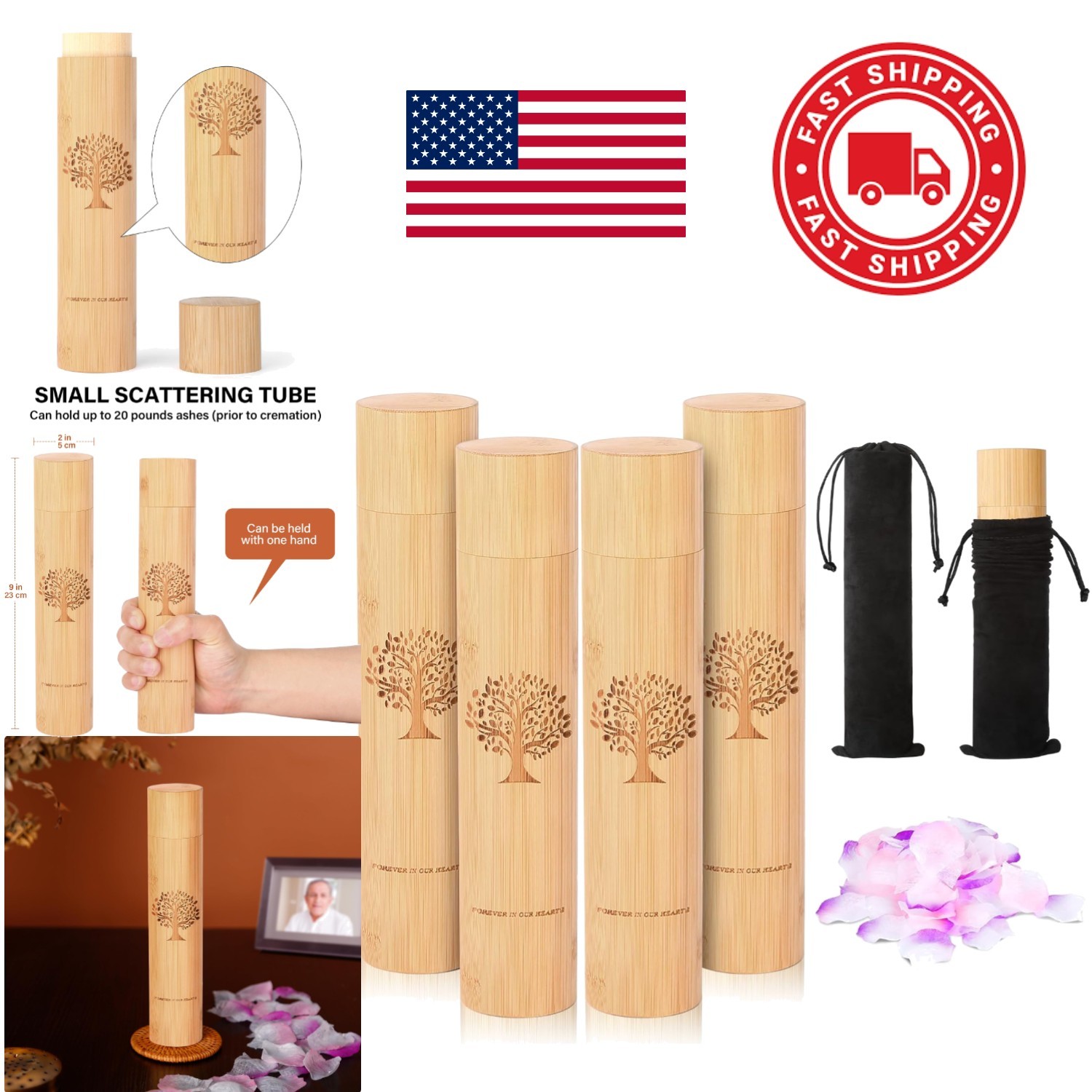 Small Eco Friendly Scattering Tubes for Ashes Includes Drawstring Bags Set 4