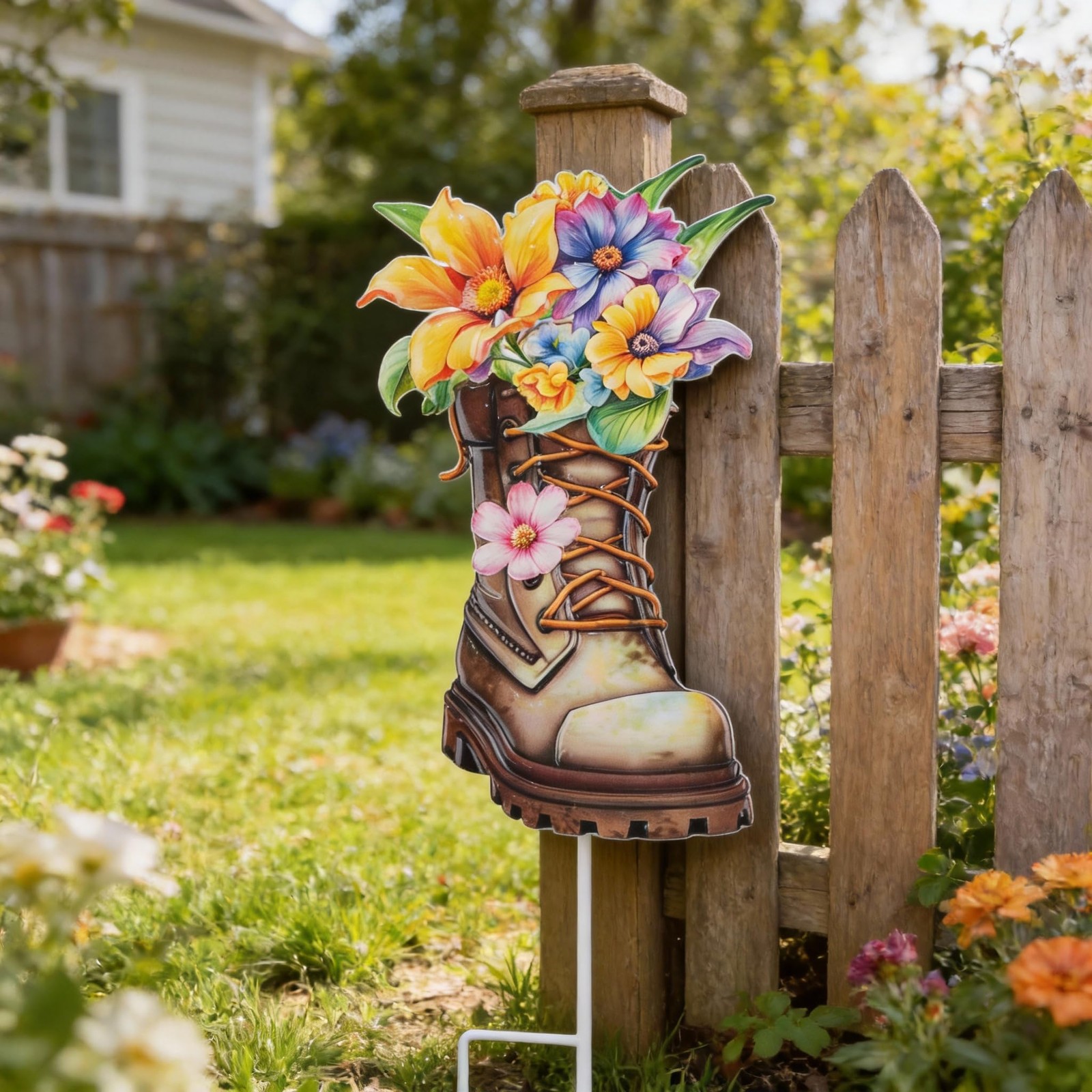 Garden Decor for Outside, 23″ Decorative Garden Stakes Metal Boot with Flower…