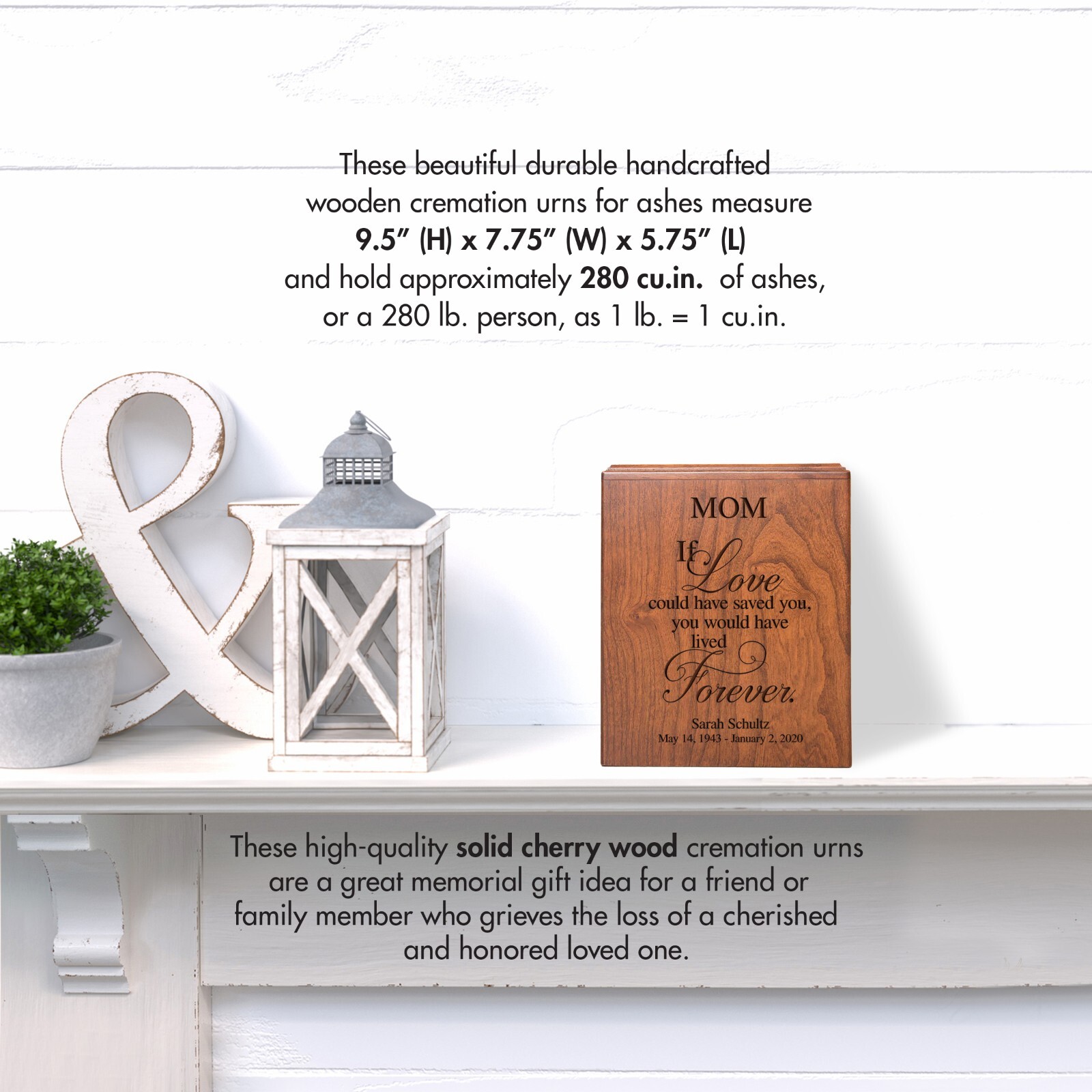 Custom Wooden Economy Urn Box holds 280 cu in of Human Ashes 7.75×9.5 – Mom