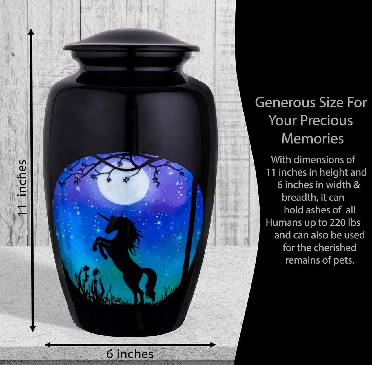 Large Black Unicorn Under The Moonlight Sky Cremation Urn For Ashes