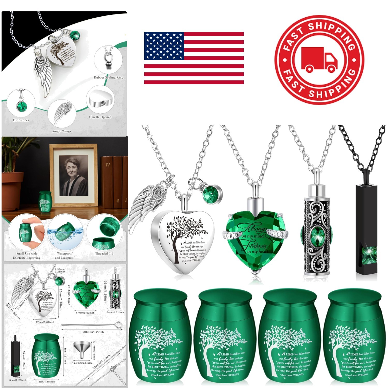 Small Urns for Ashes Set of 8 Dark Green Stainless Steel Heart Locket Necklaces