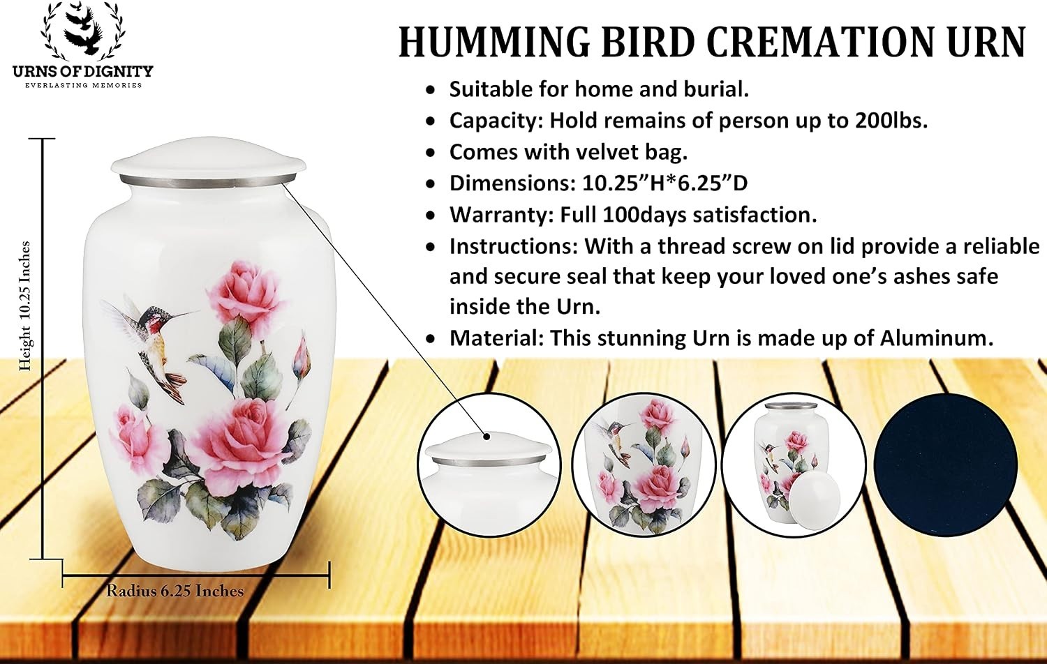 Pink Rose Humming Bird Adult Cremation Urns for Human Ashes – Decorative Urn