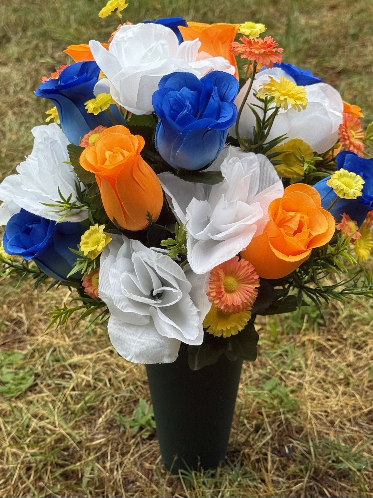 Cemetery Vase Memorial Silk Flower Arrangement Blue, White & Orange
