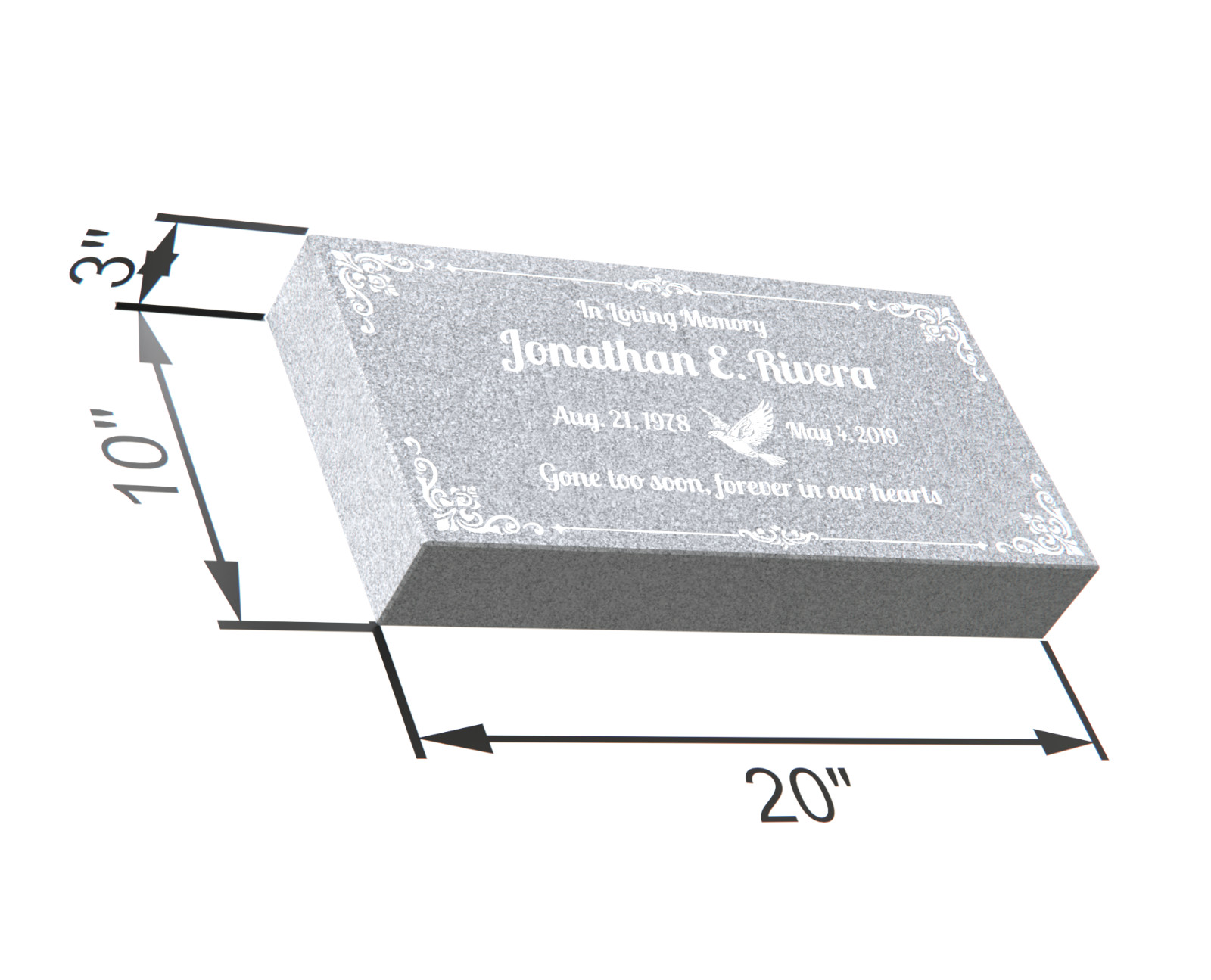 20x10x3 Gray Granite Flat Marker – Custom Engraved Cemetery Headstone with Dove