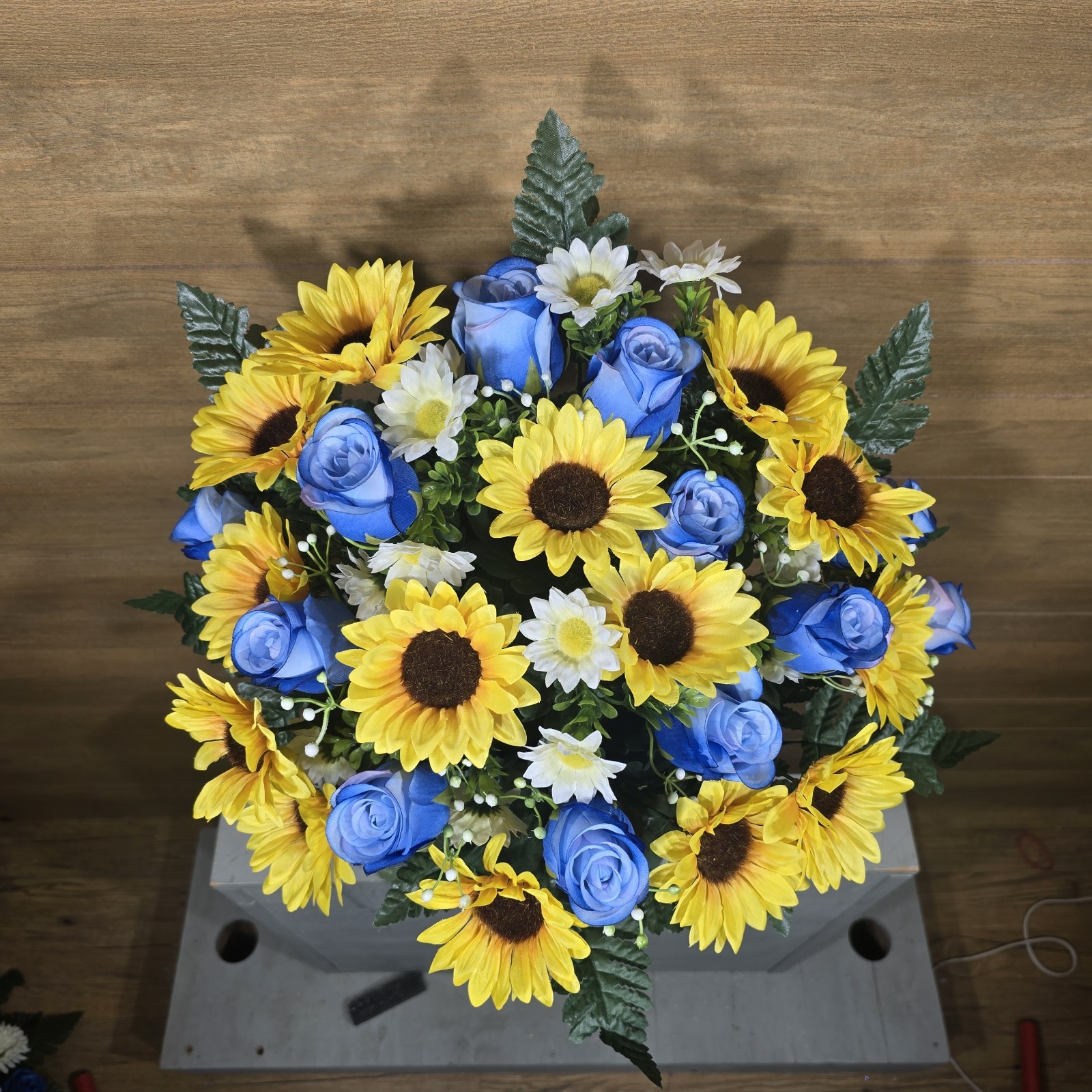 SUNFLOWER CEMETERY VASE MEMORIAL DECORATION WITH BLUE ROSEBUDS AND SUNFLOWERS
