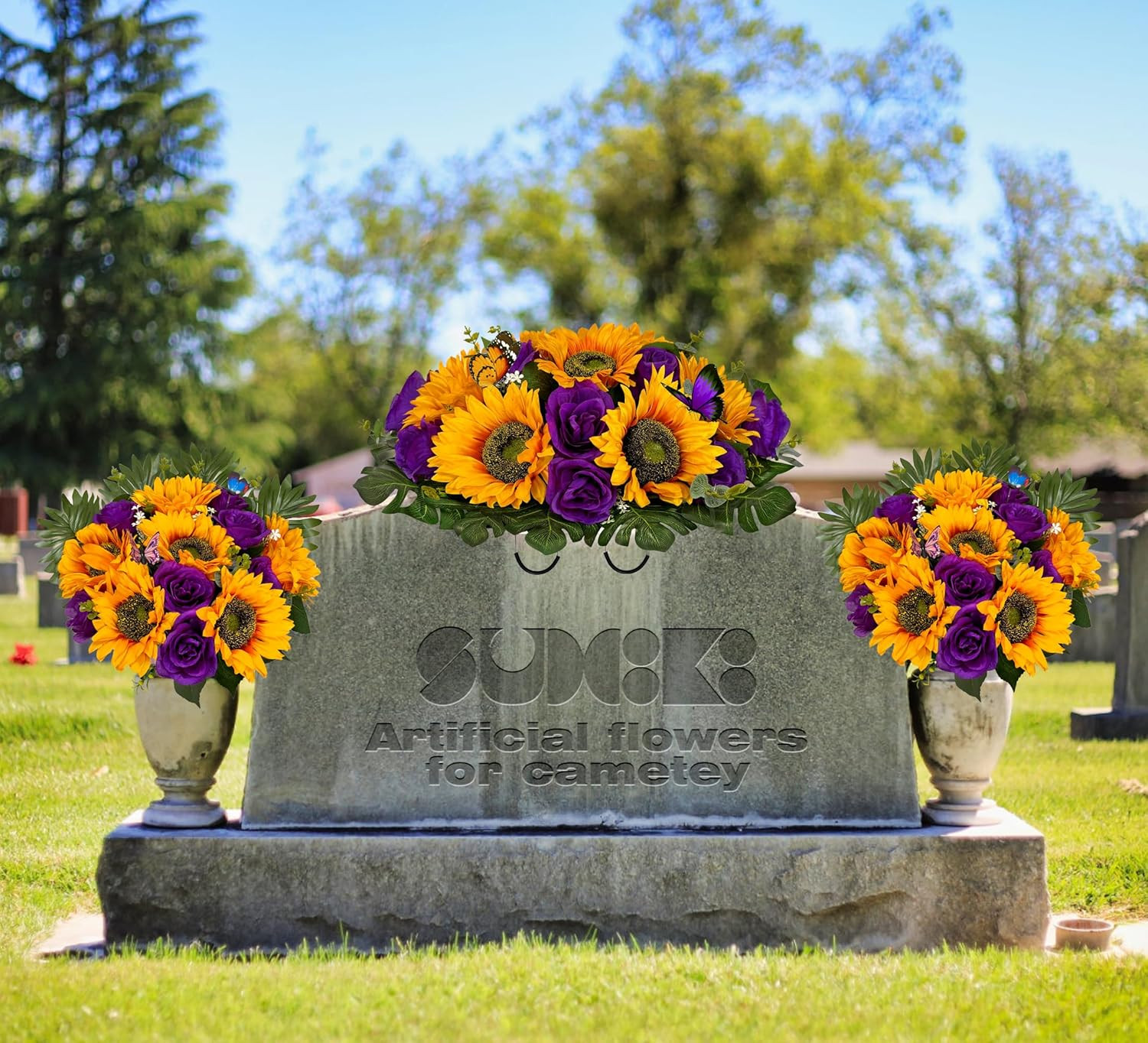Vibrant Silk Sunflower & Rose Grave Saddle with 2 Bouquets – Purple/Yellow