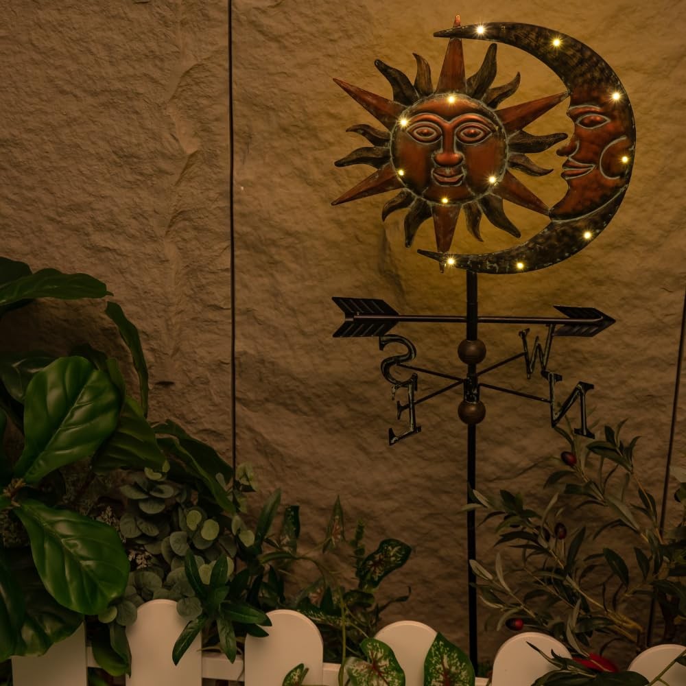 Sun & Moon Face Solar Outdoor Lights, Metal Decorative Stake Weathervane Gard…