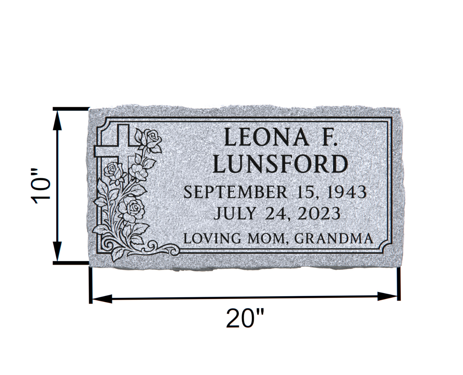 20x10x3 Gray Granite Flat Grave Marker – Personalized Headstone with Flowers