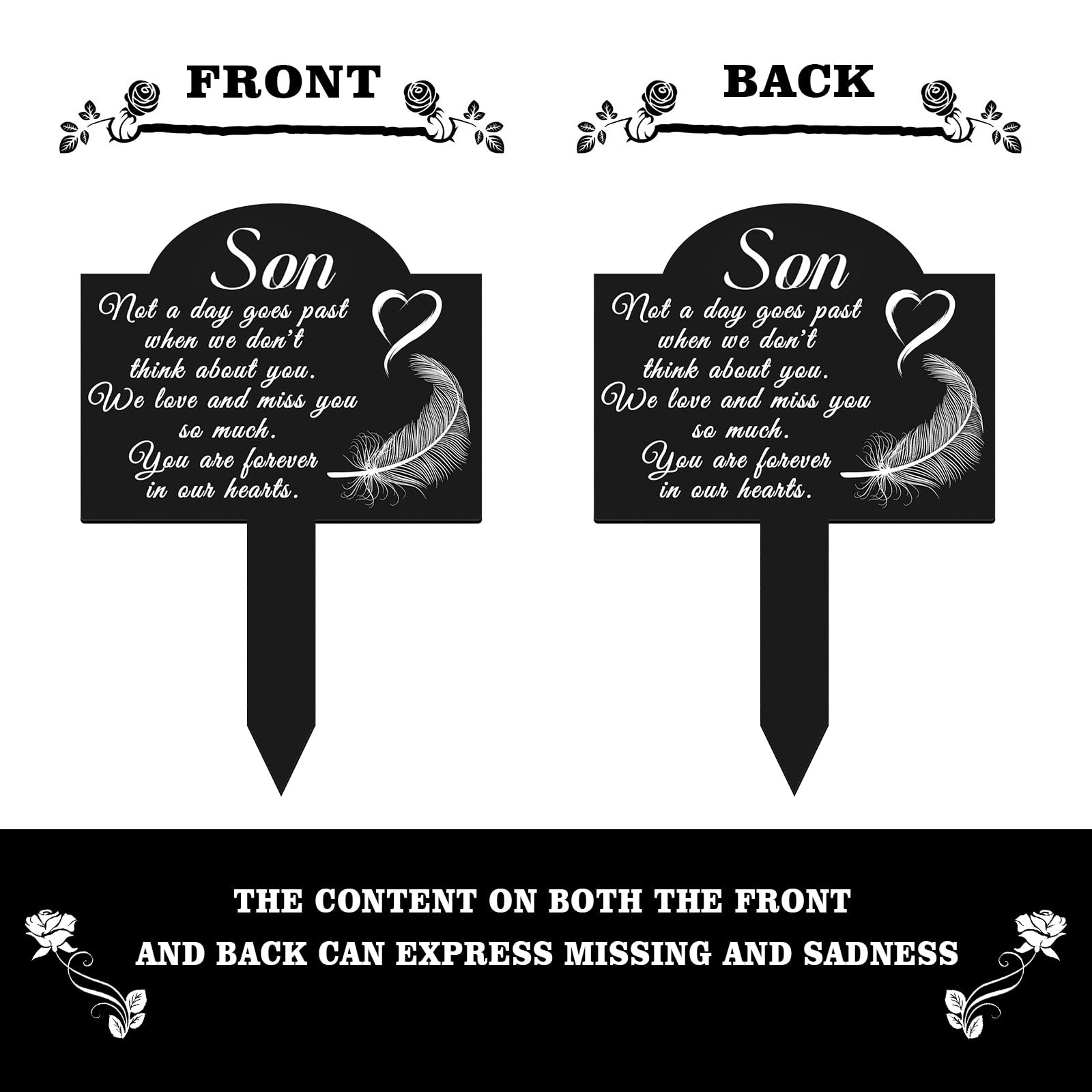 Memorial Grave Stake, Son, 13.8×7.9, Metal, Weatherproof, Heart, Feather