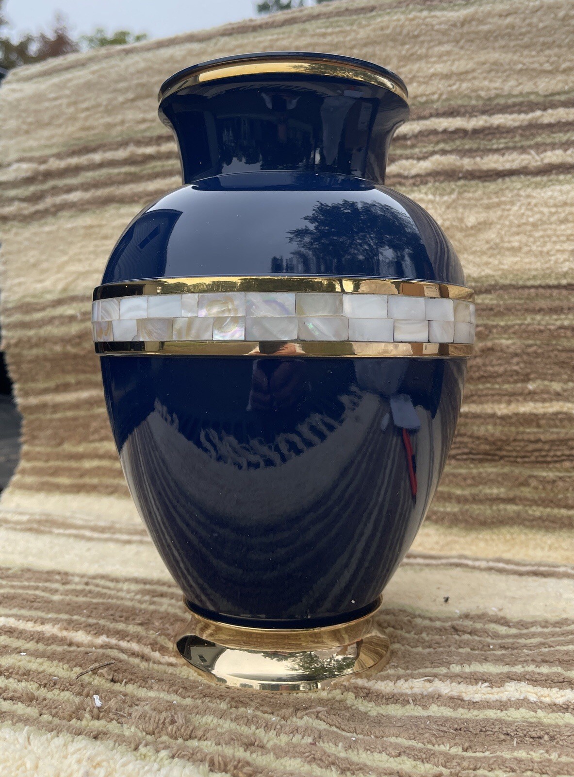 Blue Mother Of Pearl Brass Large Cremation Urn For Ashes