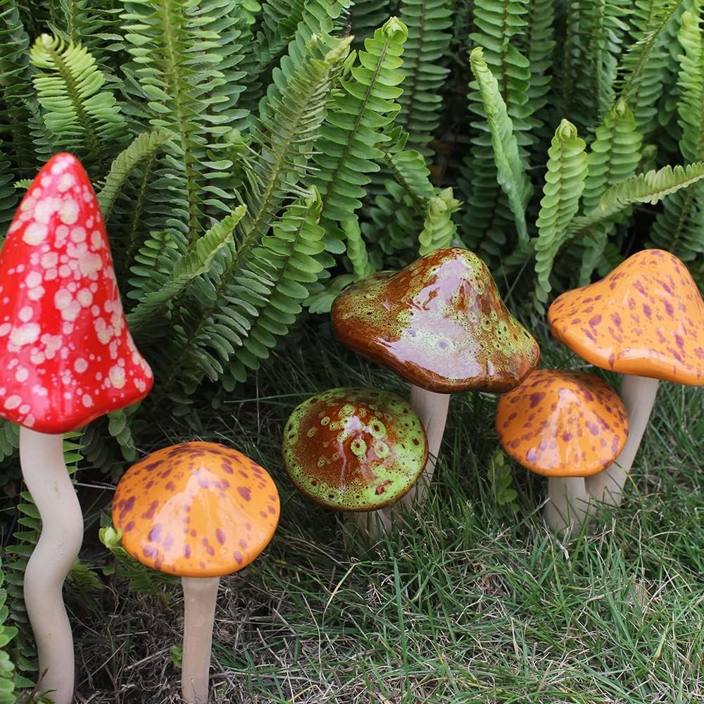 Ceramic Mushroom Outdoor Decor – 2pcs Mushroom Statue Decor for Garden, Lawn,…