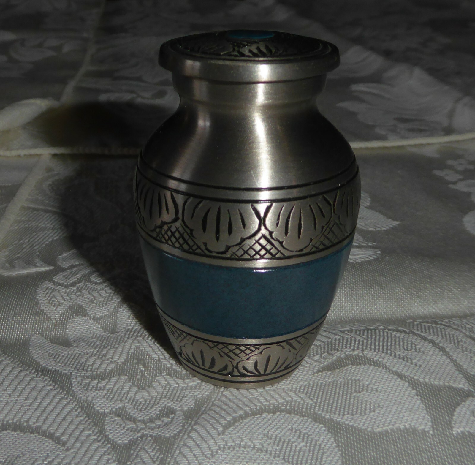Keepsake Cremation Urn – Athens Pewter Blue – Brass with Pewter Finish – New