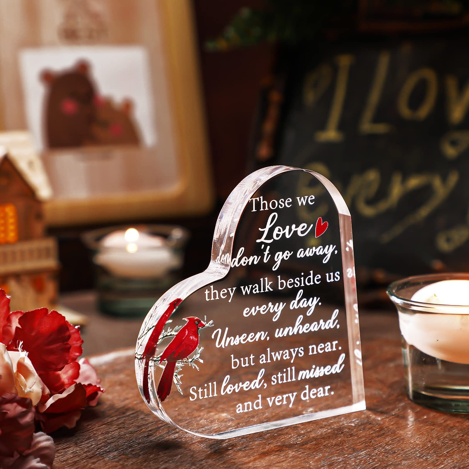 Red Cardinal Sympathy Gift Acrylic Heart Condolences Gift for Loss of Loved Ones