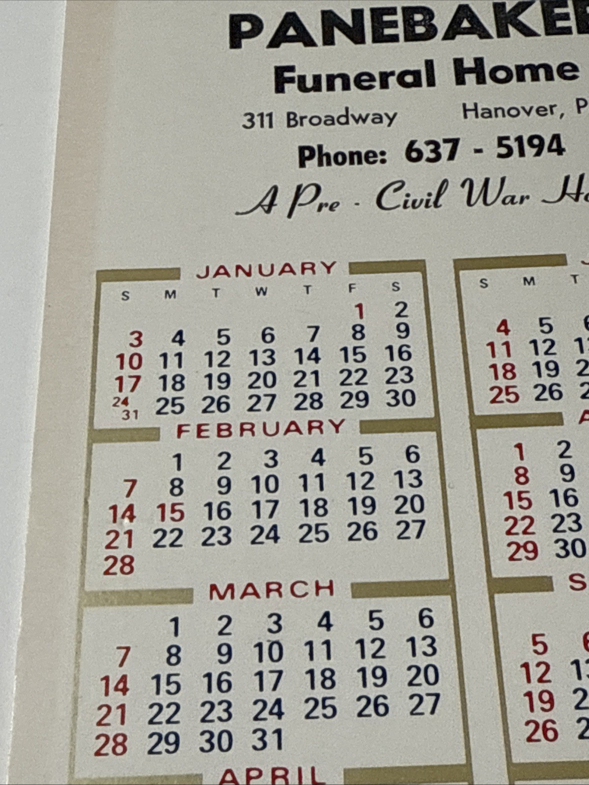 PANEBAKER FUNERAL HOME Advertising Calendar Hanover PA Emergency Numbers 1982