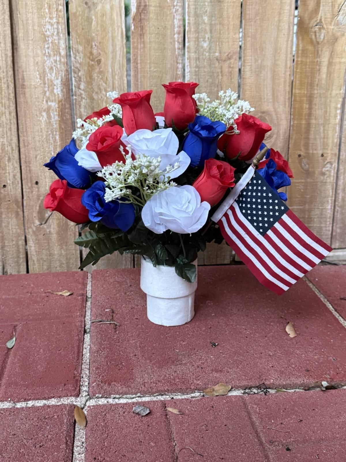 Cemetery Memorial Silk Flower Arrangement Red, White & Blue