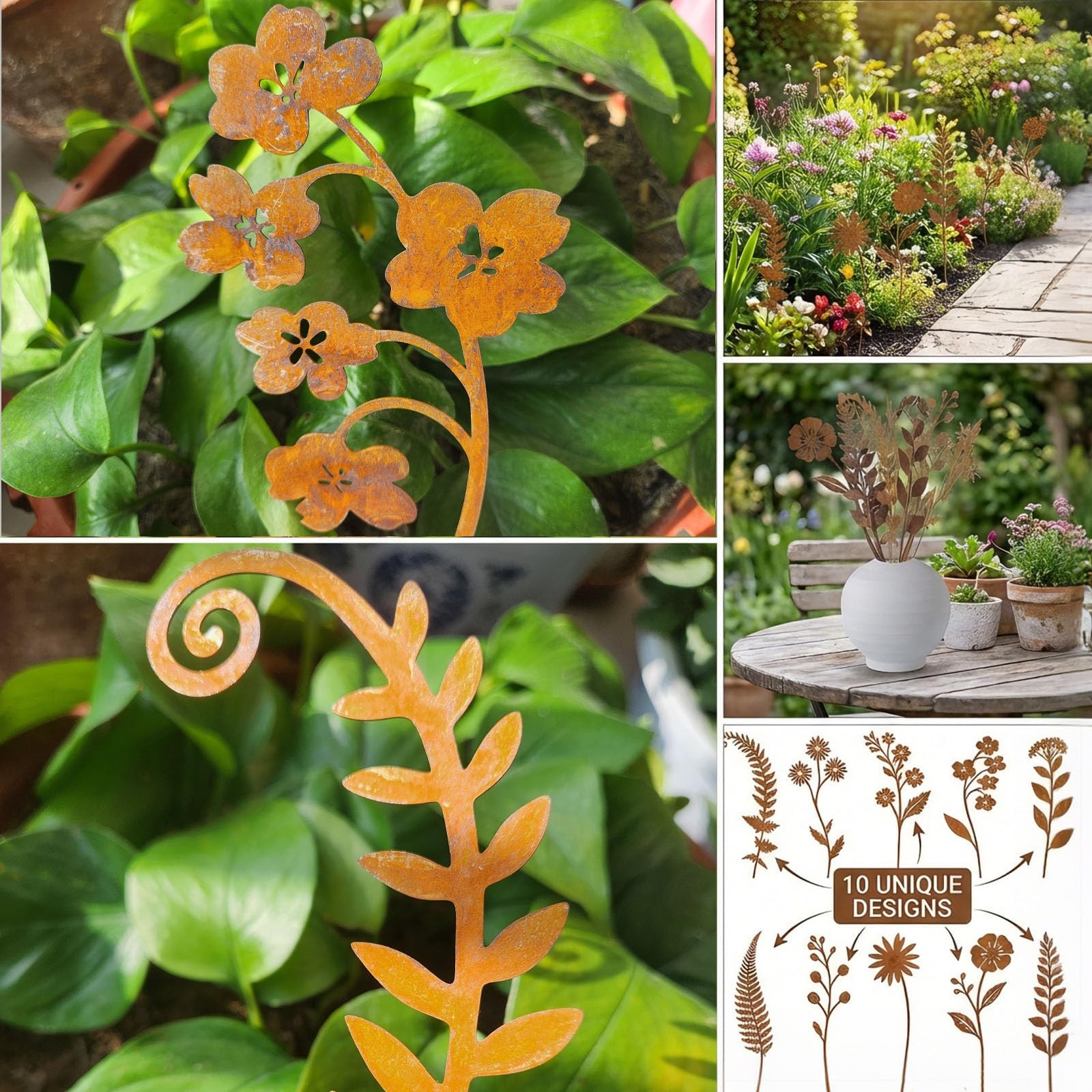 10 Pcs Rusty Metal Flower Garden Stakes,Rustic Metal Fern Leaf Plants,Iron Ar…
