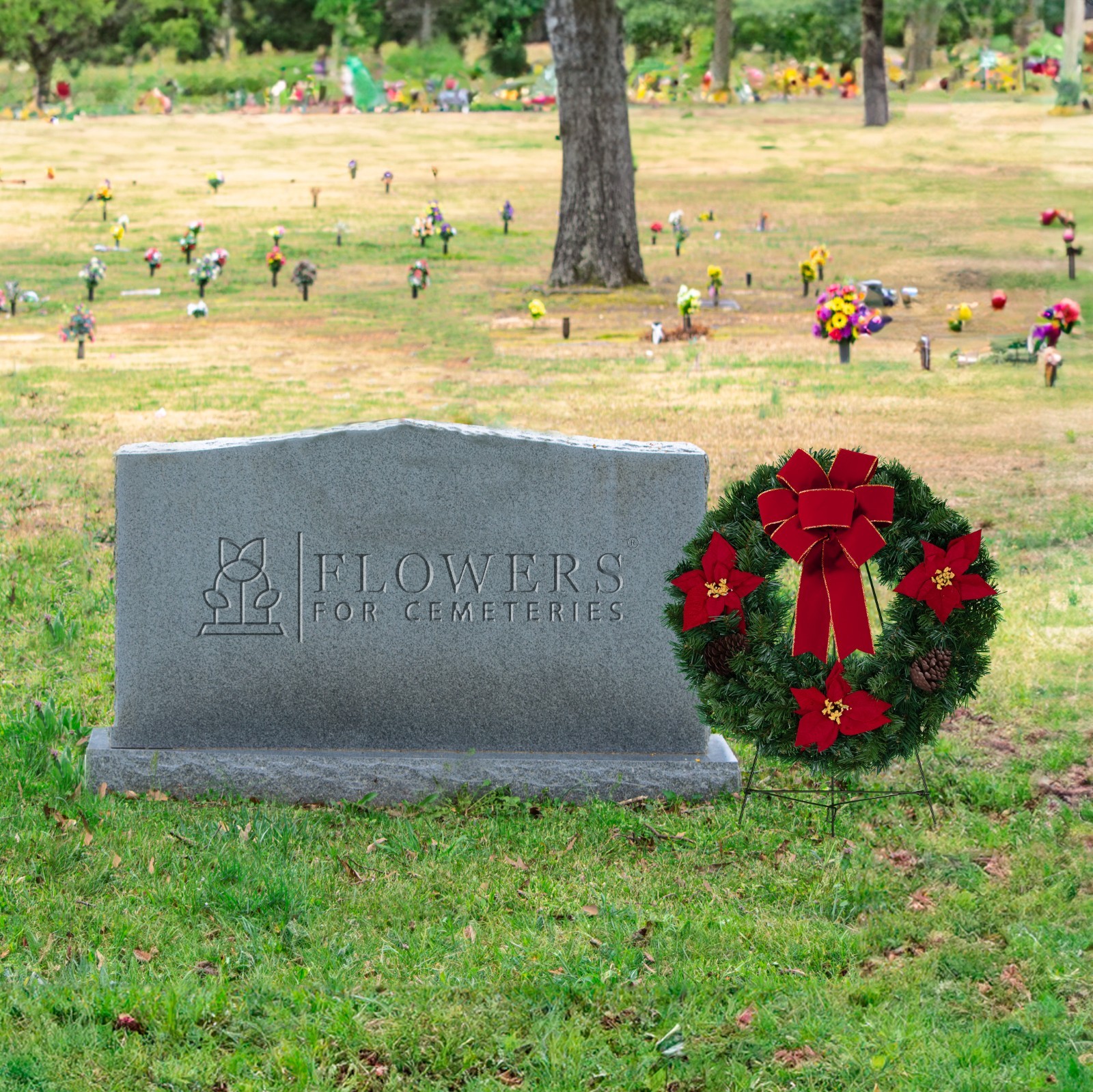 Artificial Pine Wreaths- Poinsettia & Pine Cones with Velvet Bow- Easel Included