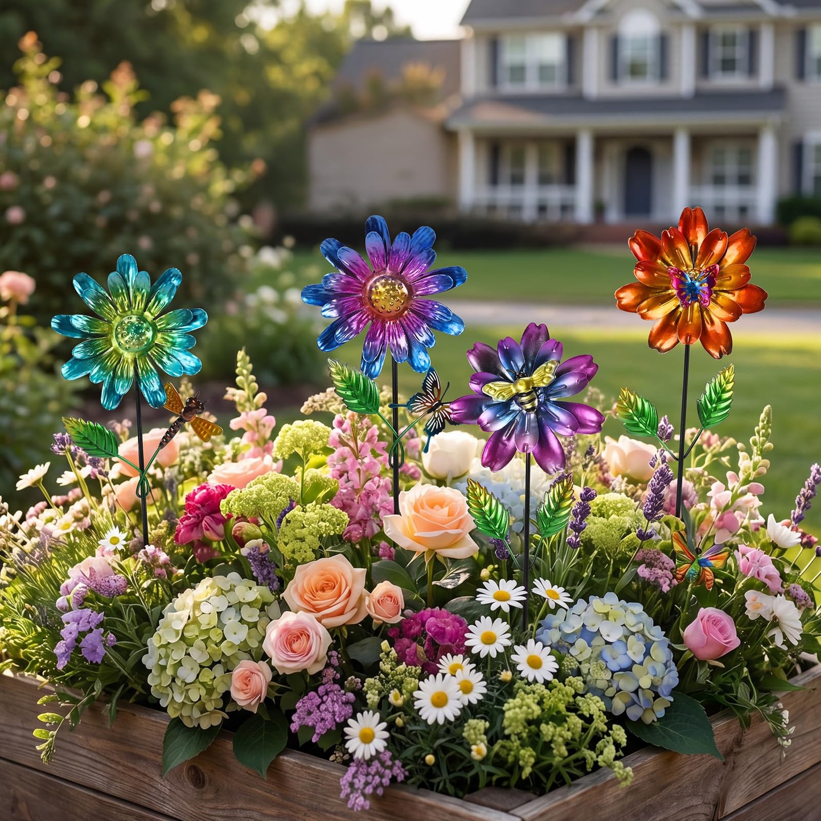 Metal Flower Garden Stakes for Outside Set of 4, Flower Garden Decor with Sha…
