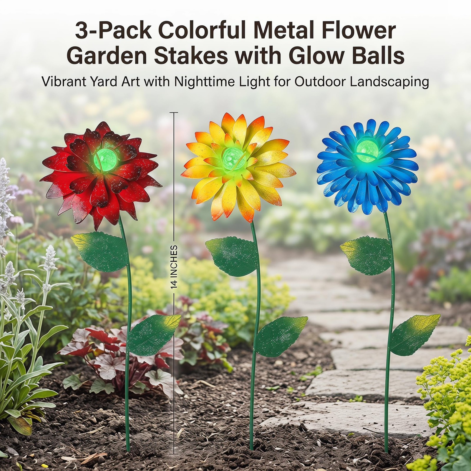 14 Inch Glow in The Dark Flower Garden Stakes, 3 Pack Colorful Metal Yard Dec…