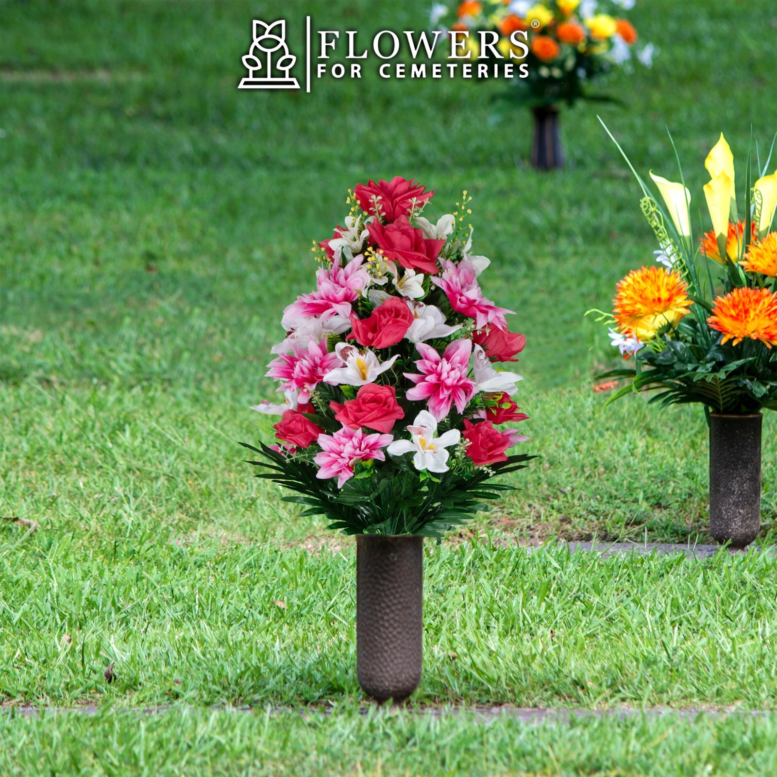 Artificial Cemetery Flowers – Pink Roses White Orchids and Pink Dahlias Bouquet