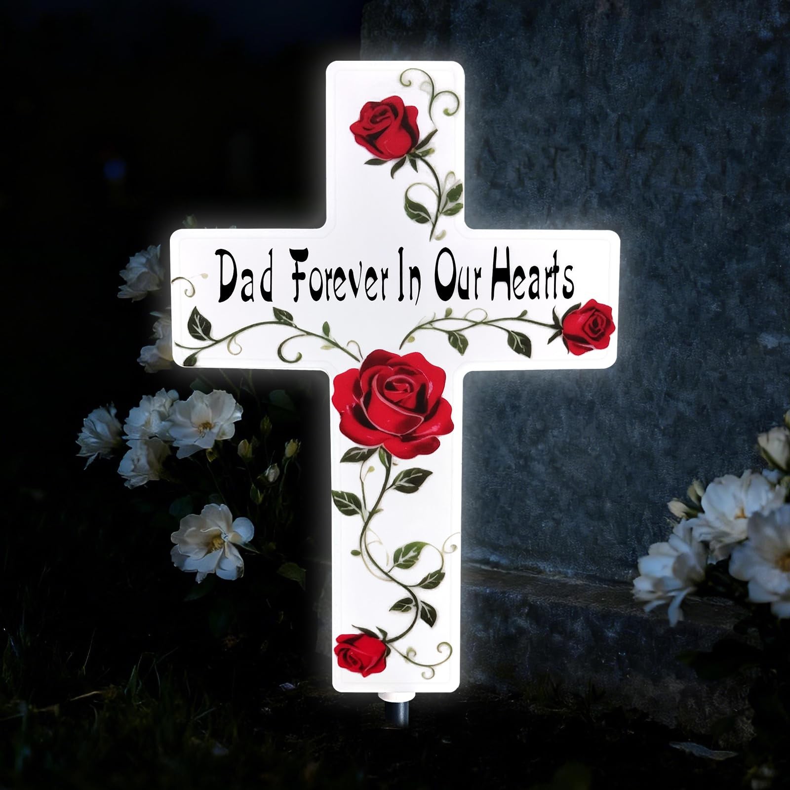 Solar Cross Light Rose Flower Grave Decorations for Memorial Garden Stake