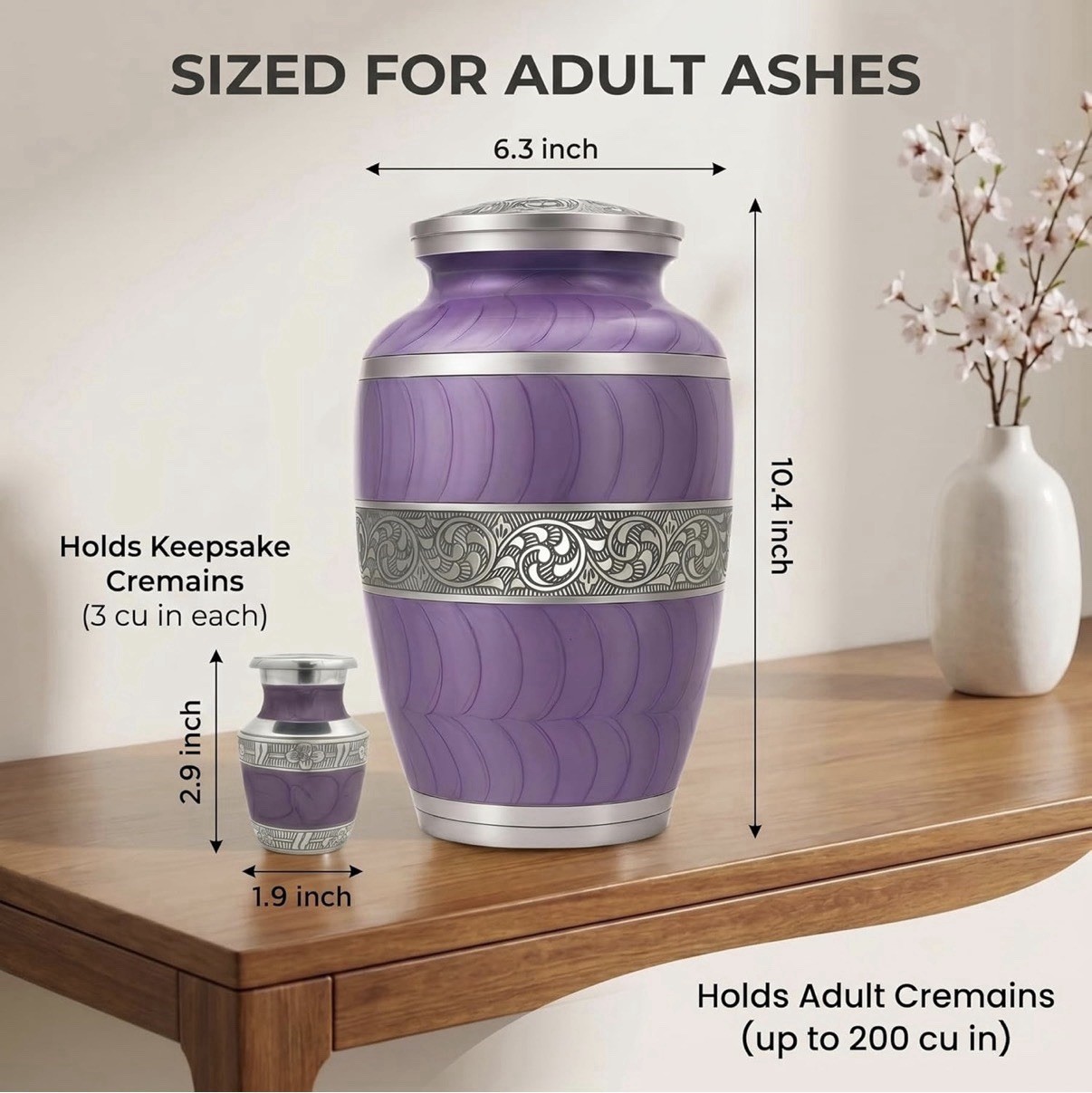 Purple Metal Cremation Urn Set for Adult Ashes with Keepsake and Necklace